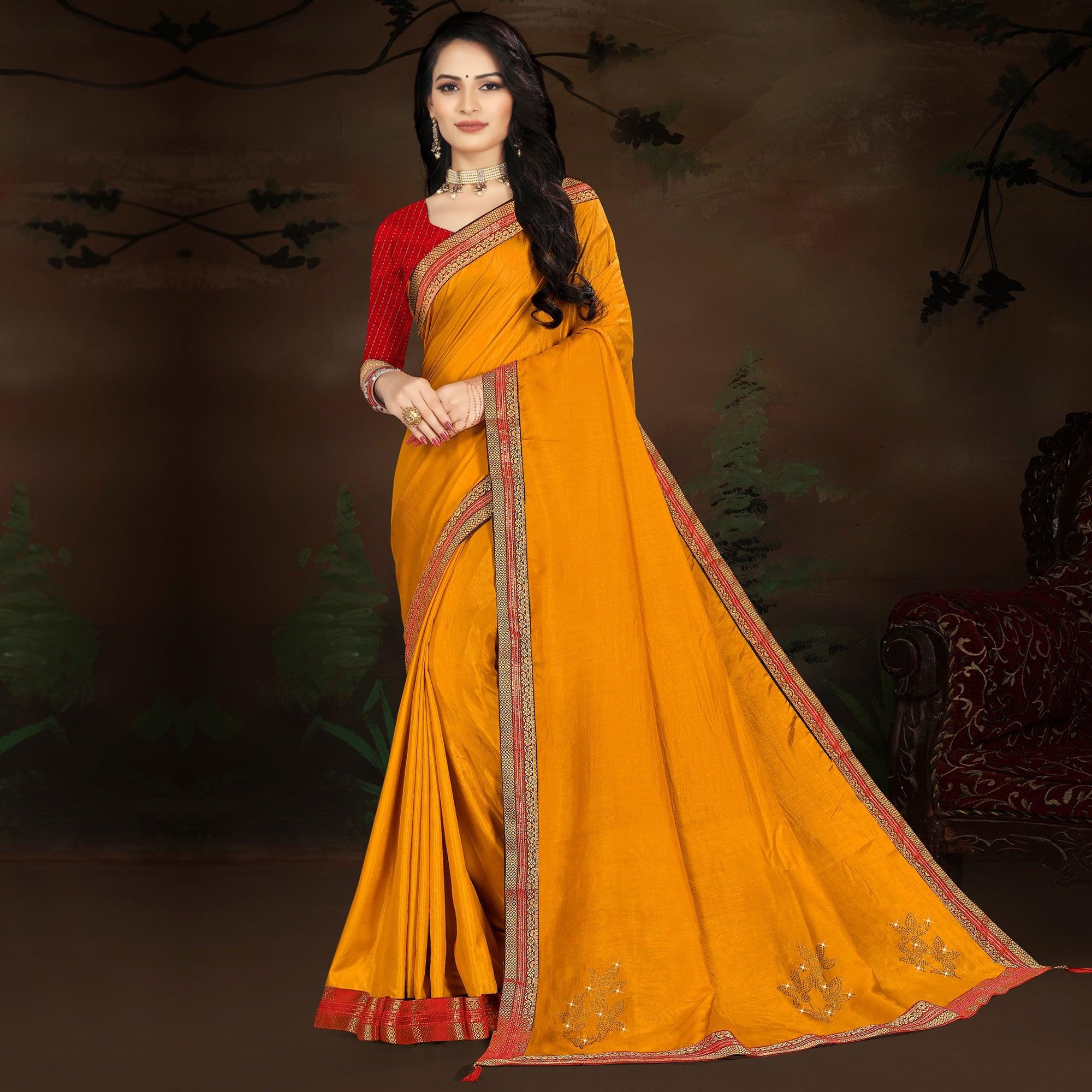 Yellow Embellished With Embroidered Vichitra Silk Saree - Peachmode