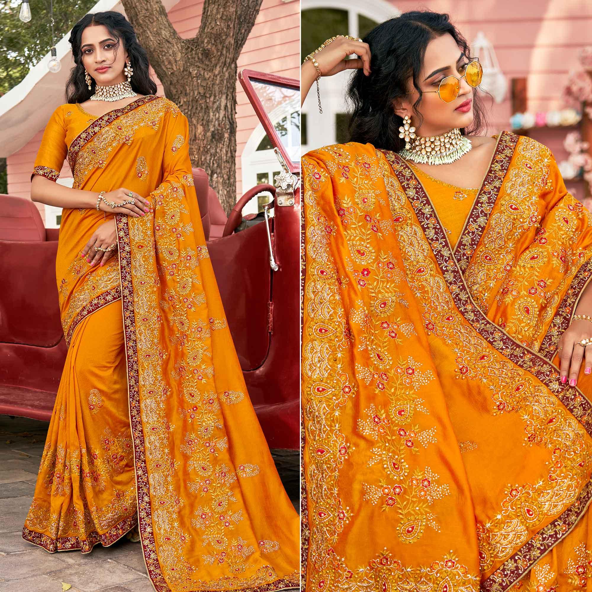 Yellow Embellished With Embroidered Vichitra Silk Saree - Peachmode