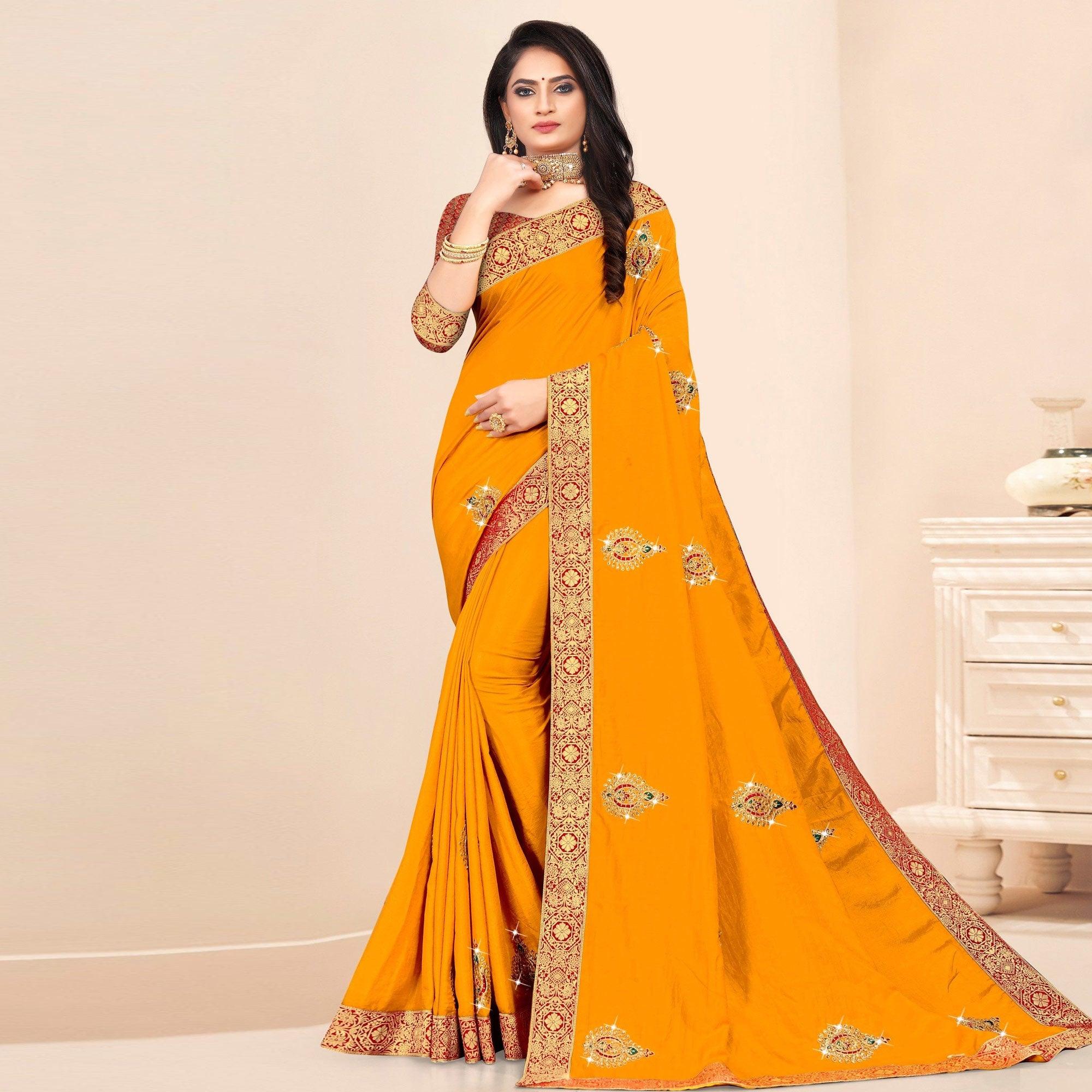 Yellow Embellished With Embroidered Vichitra Silk Saree - Peachmode