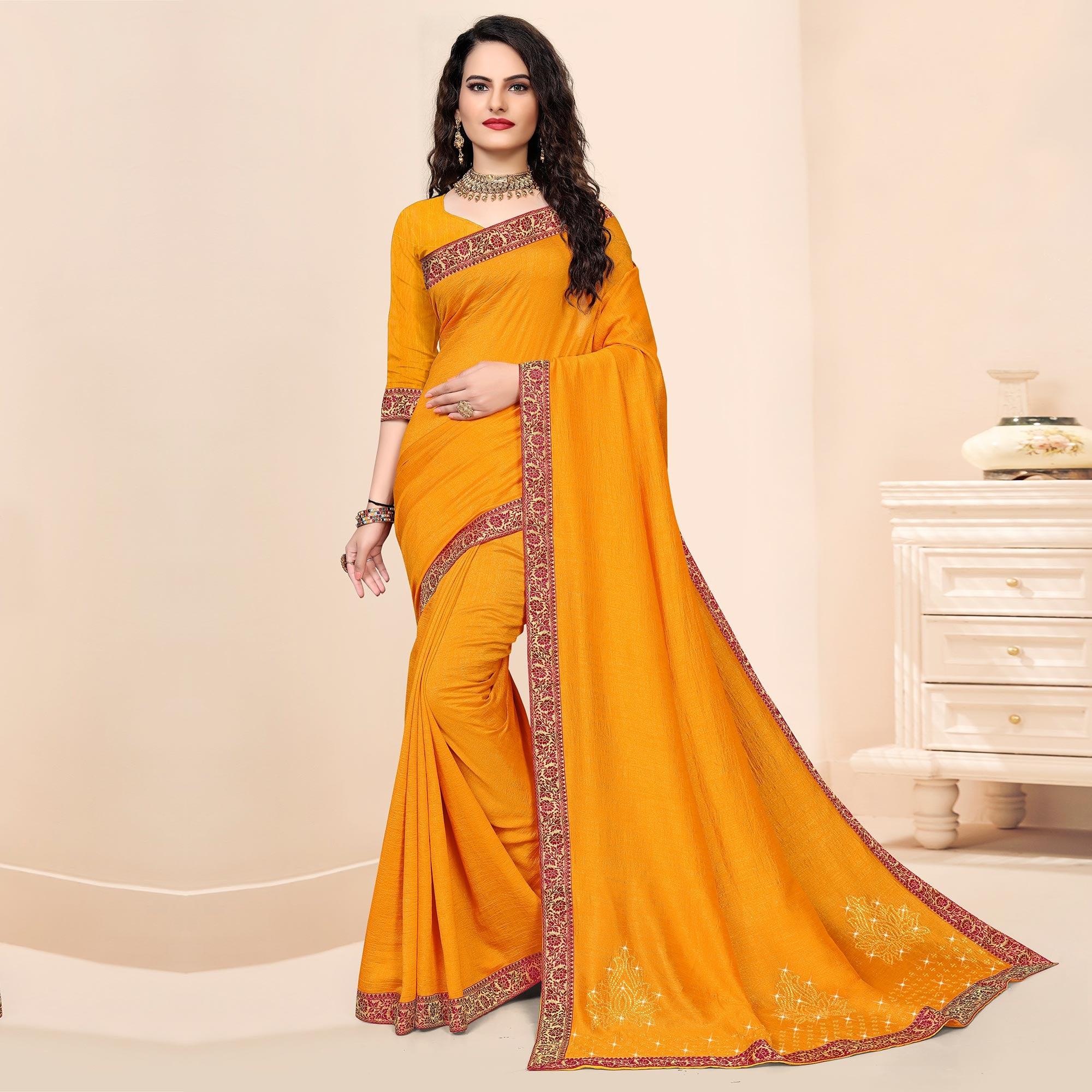 Yellow Embellished With Embroidered Vichitra Silk Saree - Peachmode