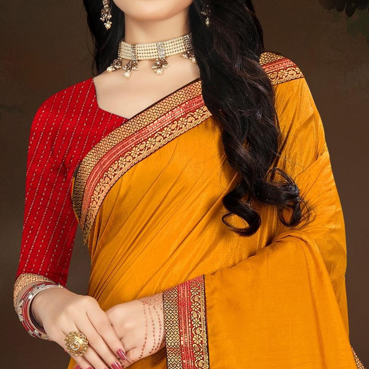Yellow Embellished With Embroidered Vichitra Silk Saree - Peachmode
