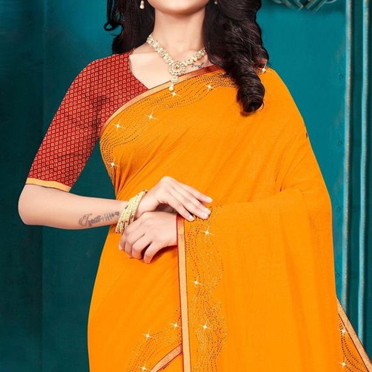 Yellow Embellished With Embroidered Vichitra Silk Saree - Peachmode