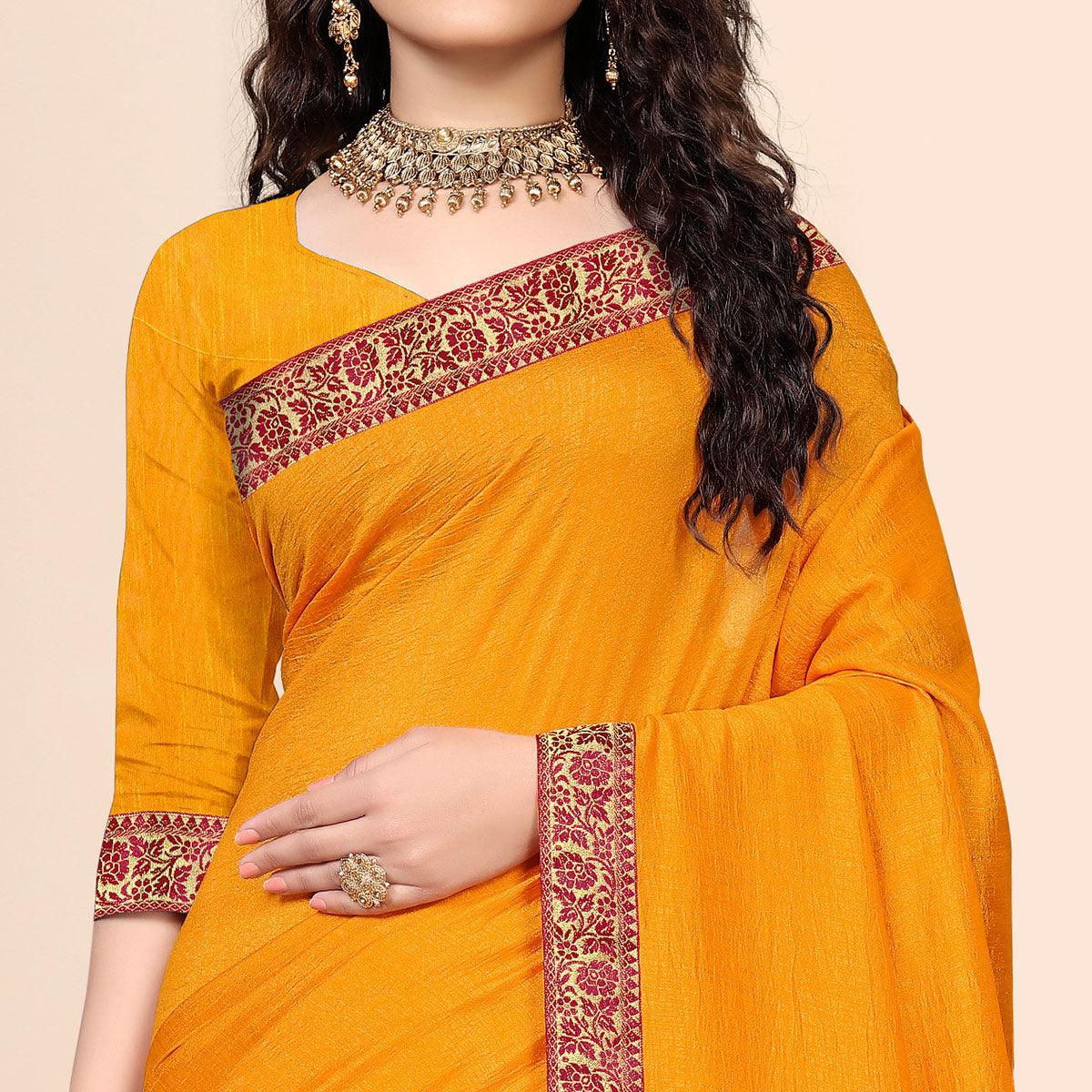 Yellow Embellished With Embroidered Vichitra Silk Saree - Peachmode
