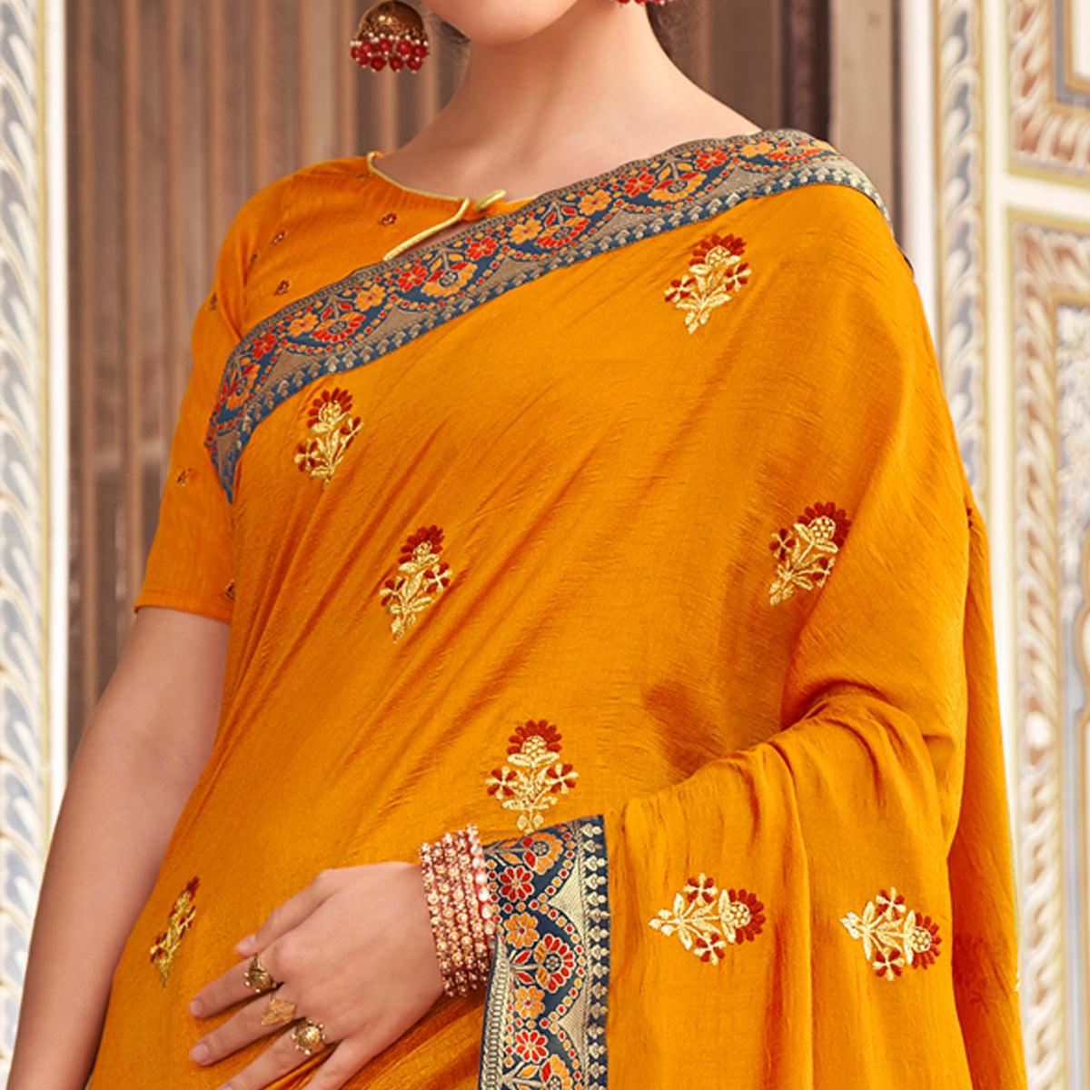 Yellow Embellished With Embroidered Vichitra Silk Saree - Peachmode