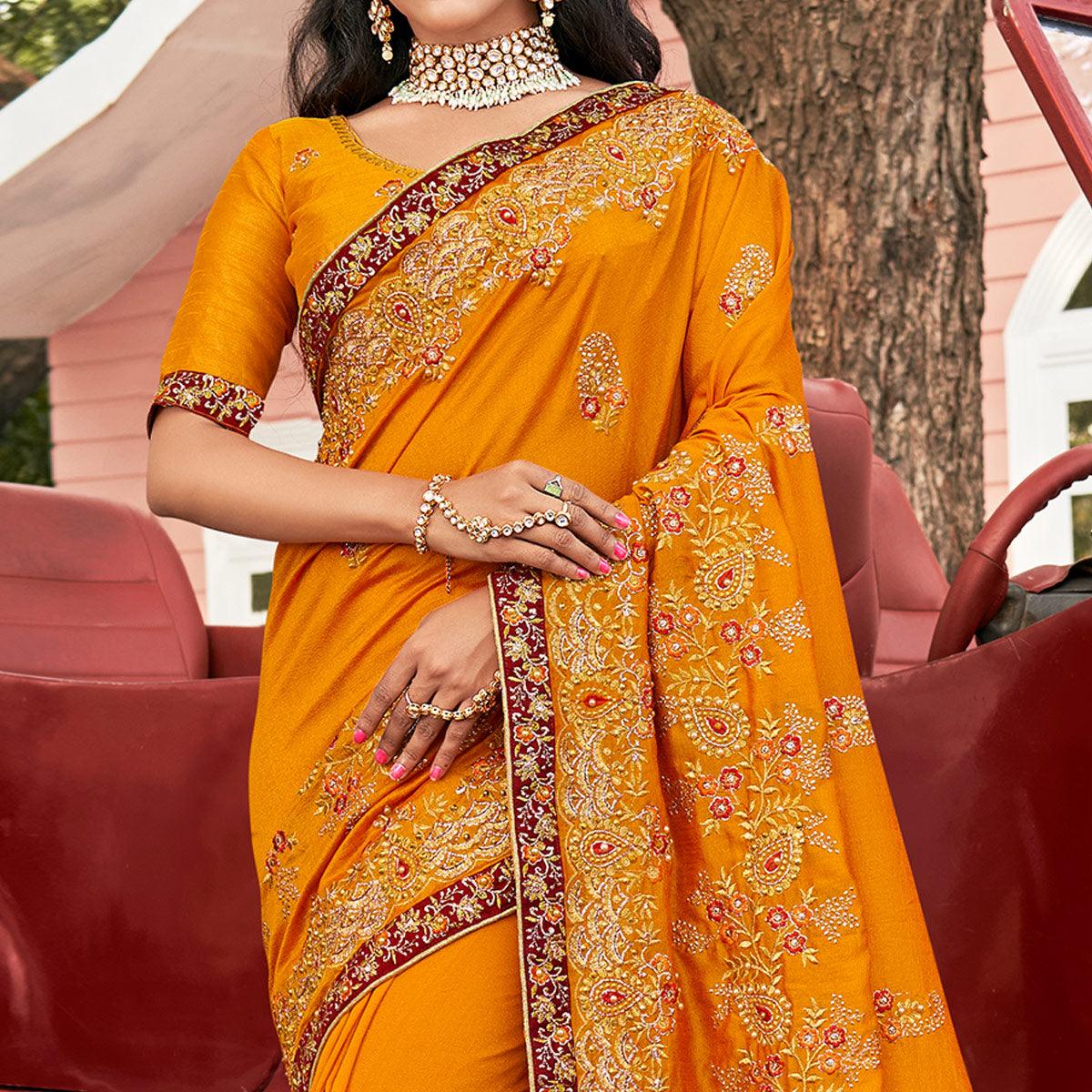 Yellow Embellished With Embroidered Vichitra Silk Saree - Peachmode