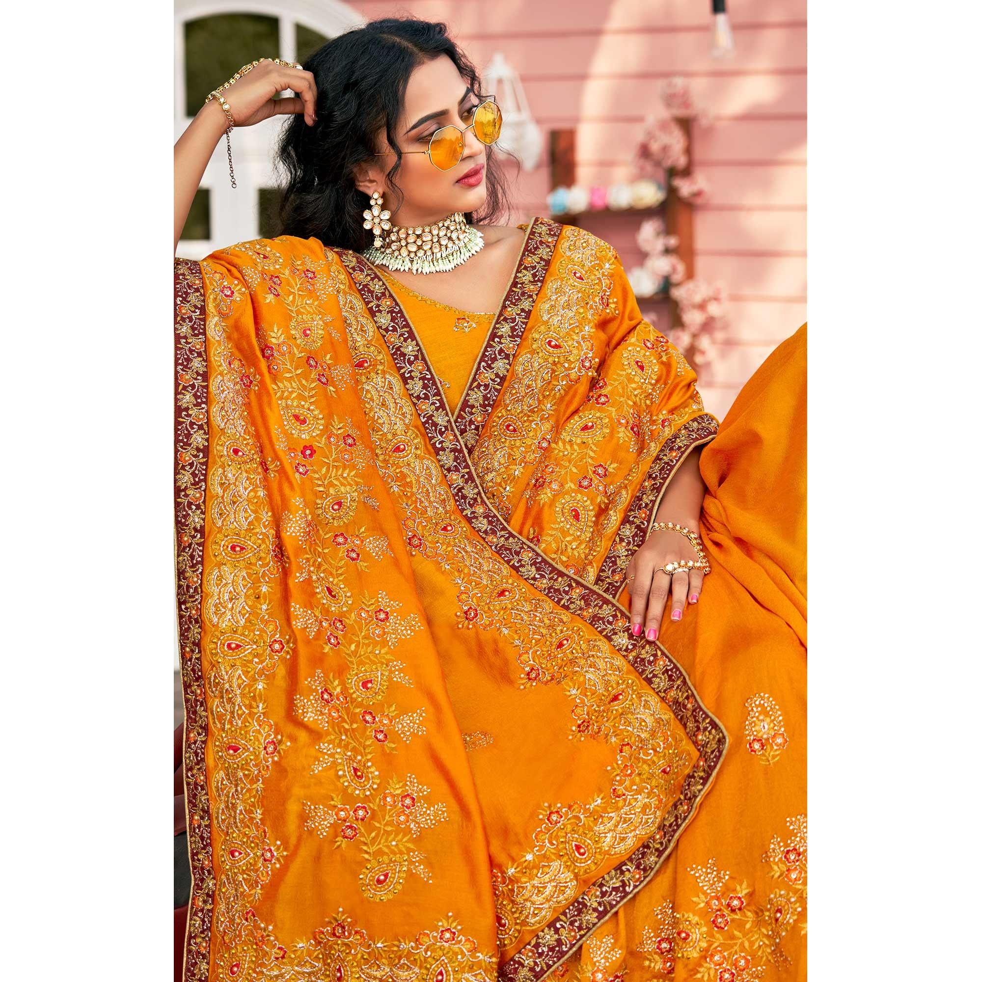 Yellow Embellished With Embroidered Vichitra Silk Saree - Peachmode