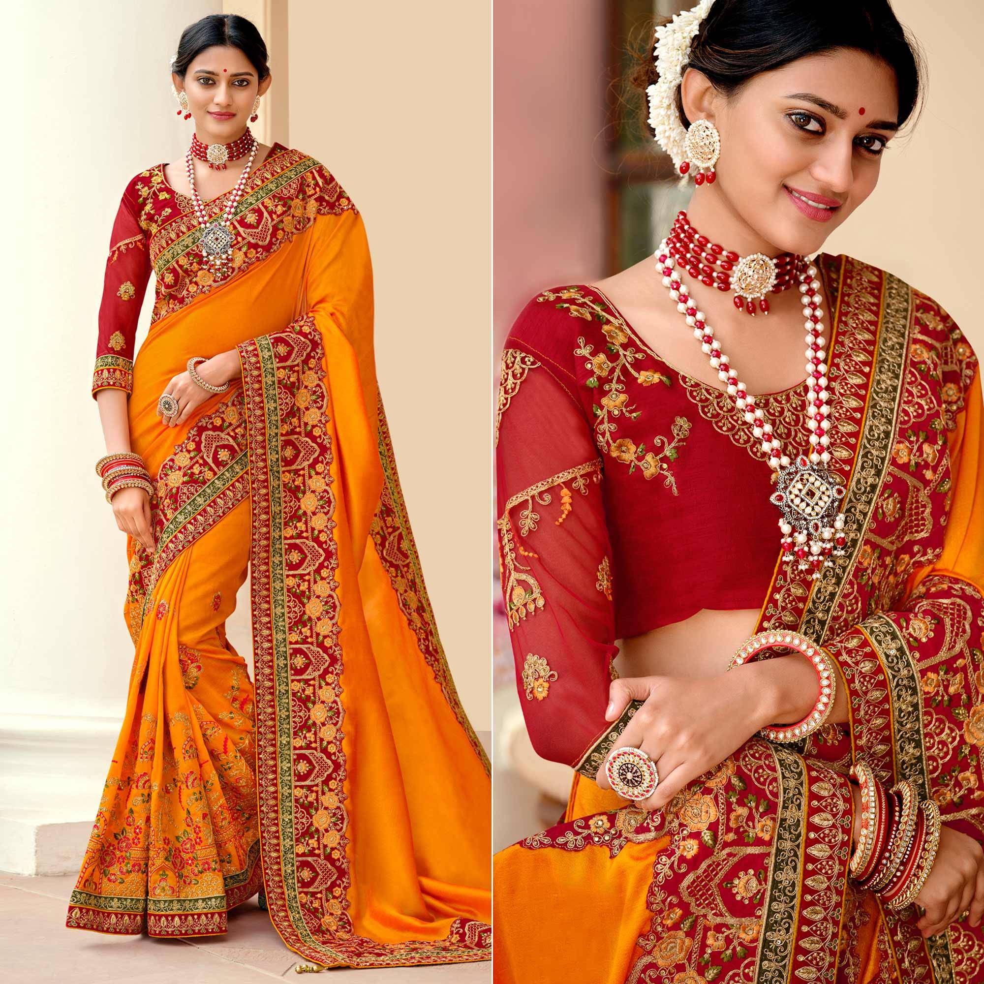 Yellow Embellished With Embroidered Vichitra Silk Saree With Tassels - Peachmode