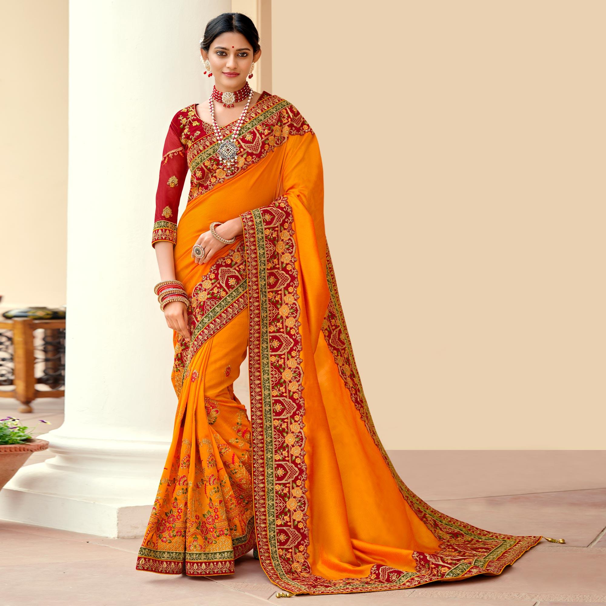 Yellow Embellished With Embroidered Vichitra Silk Saree With Tassels - Peachmode