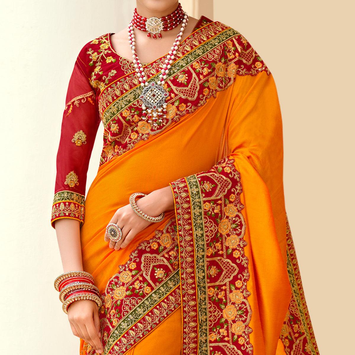 Yellow Embellished With Embroidered Vichitra Silk Saree With Tassels - Peachmode