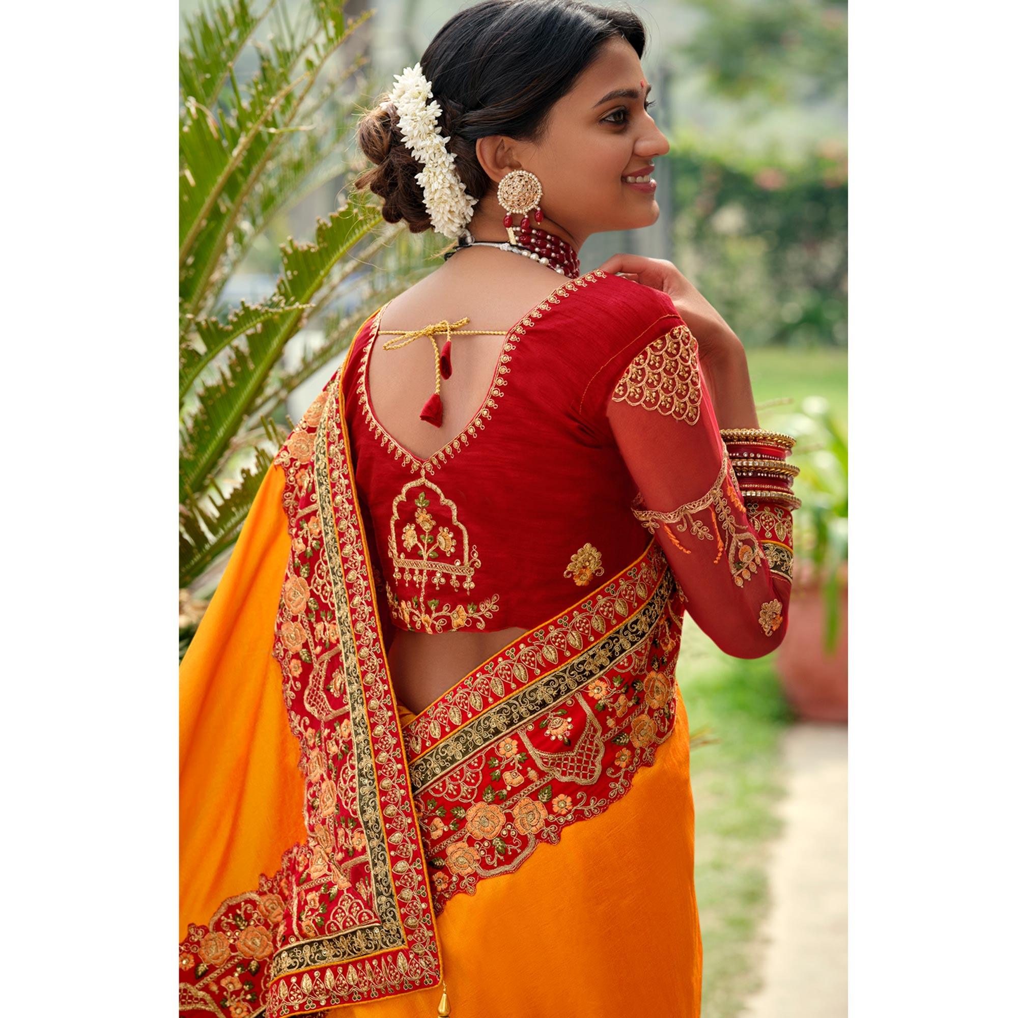 Yellow Embellished With Embroidered Vichitra Silk Saree With Tassels - Peachmode