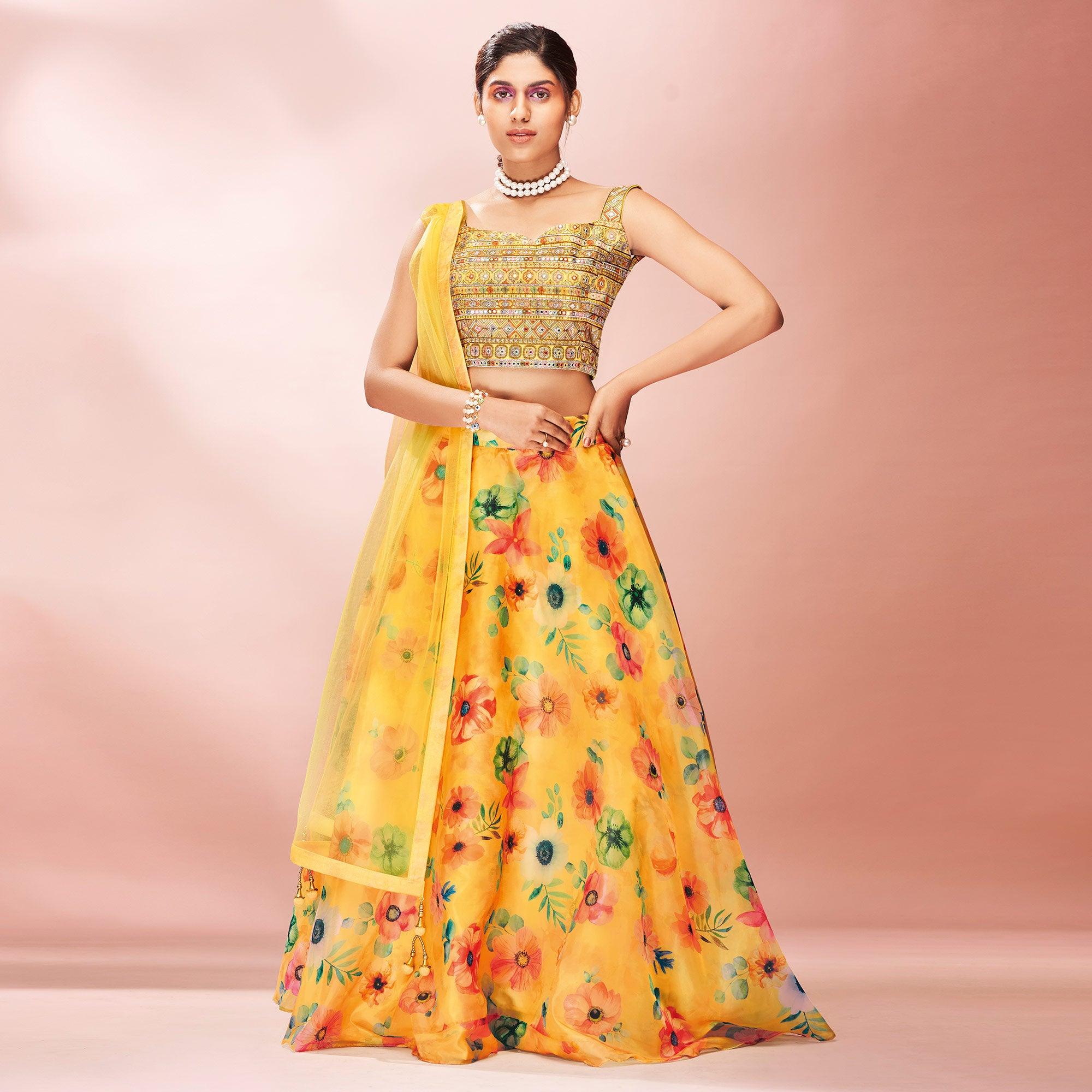 Yellow Embellished With Printed Organza Lehenga Choli - Peachmode