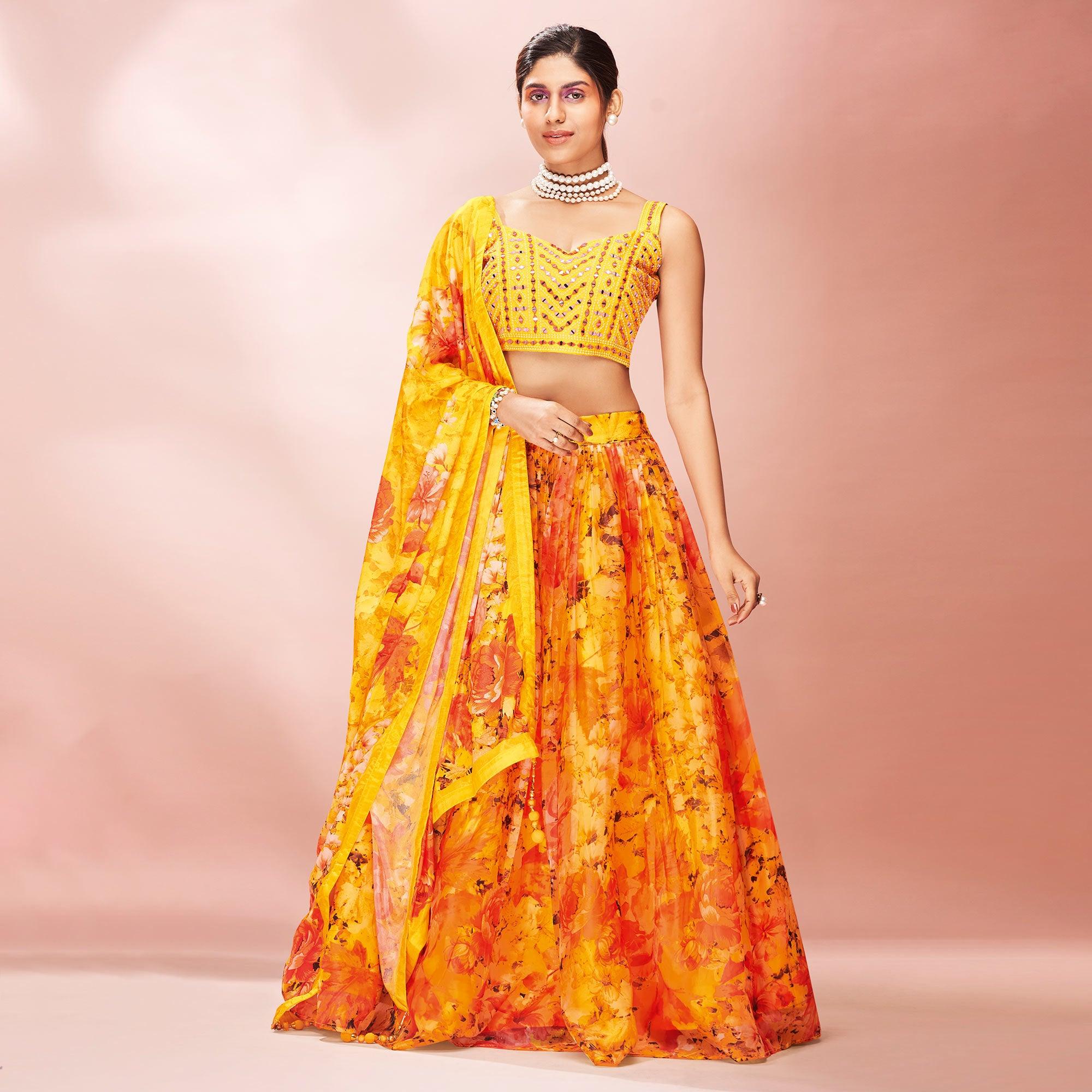 Yellow Embellished With Printed Organza Lehenga Choli - Peachmode