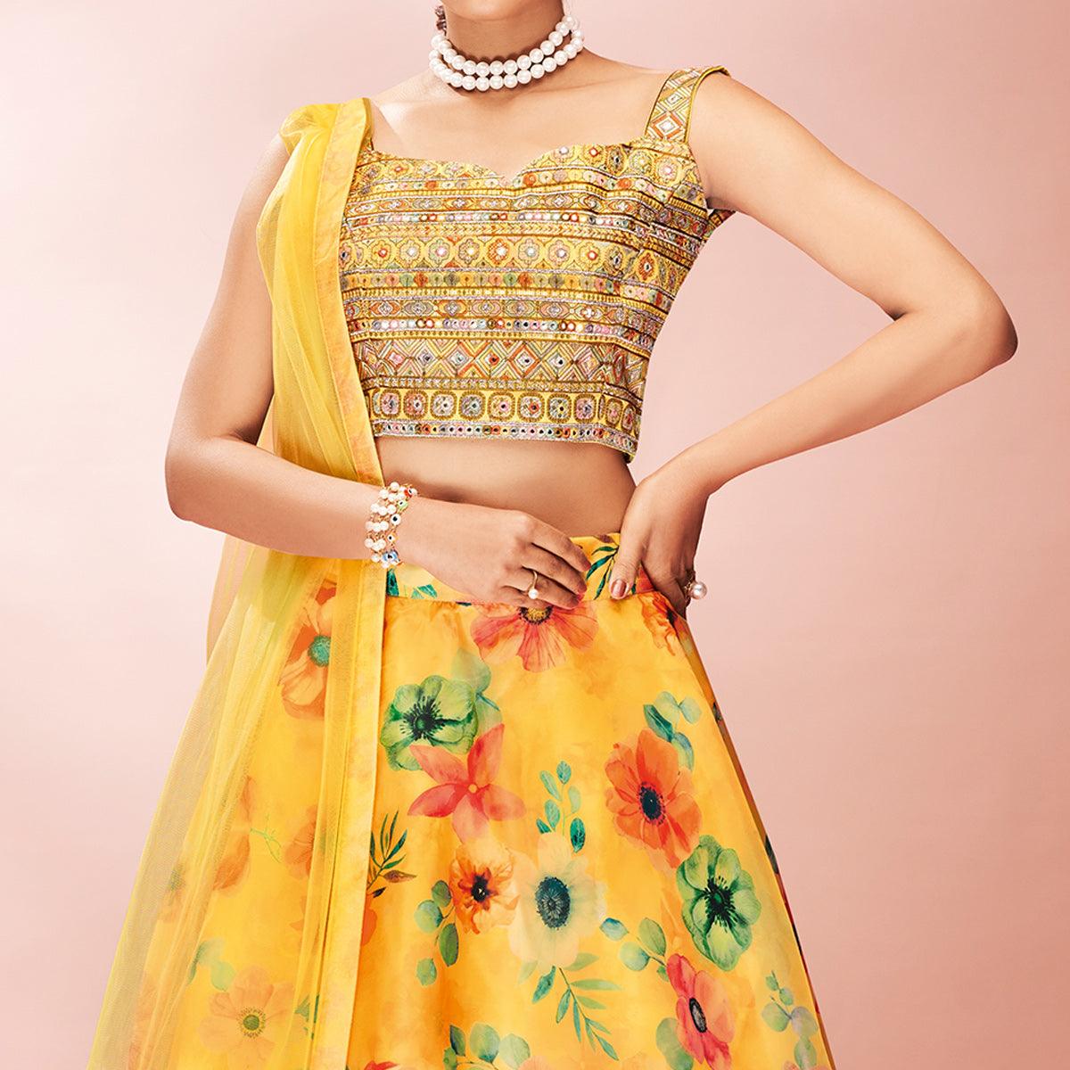 Yellow Embellished With Printed Organza Lehenga Choli - Peachmode