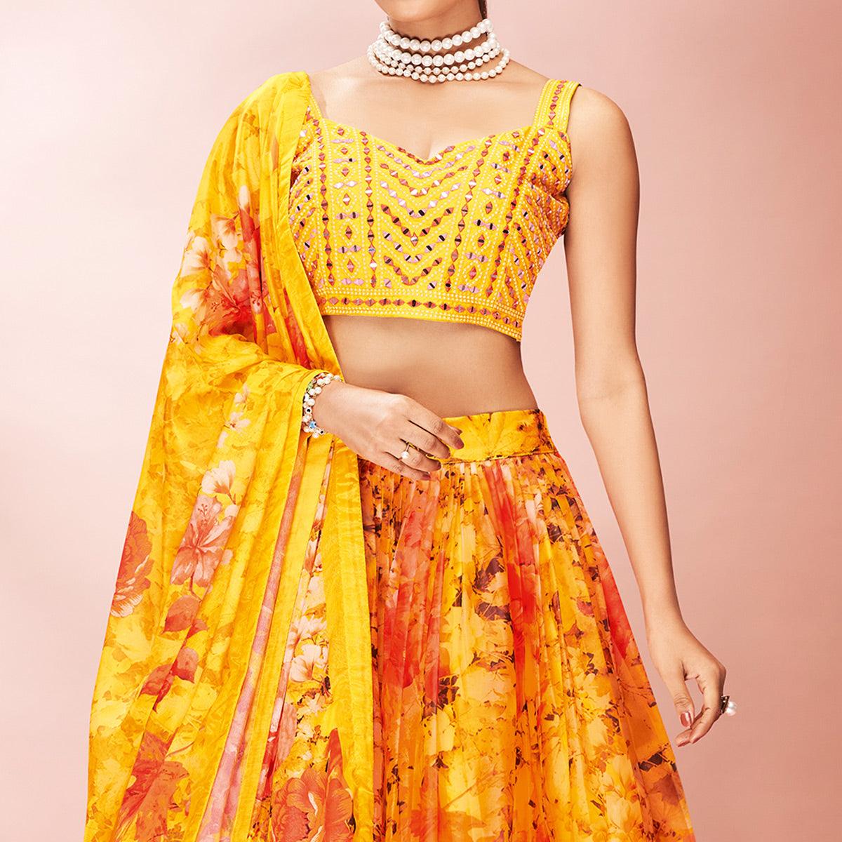 Yellow Embellished With Printed Organza Lehenga Choli - Peachmode