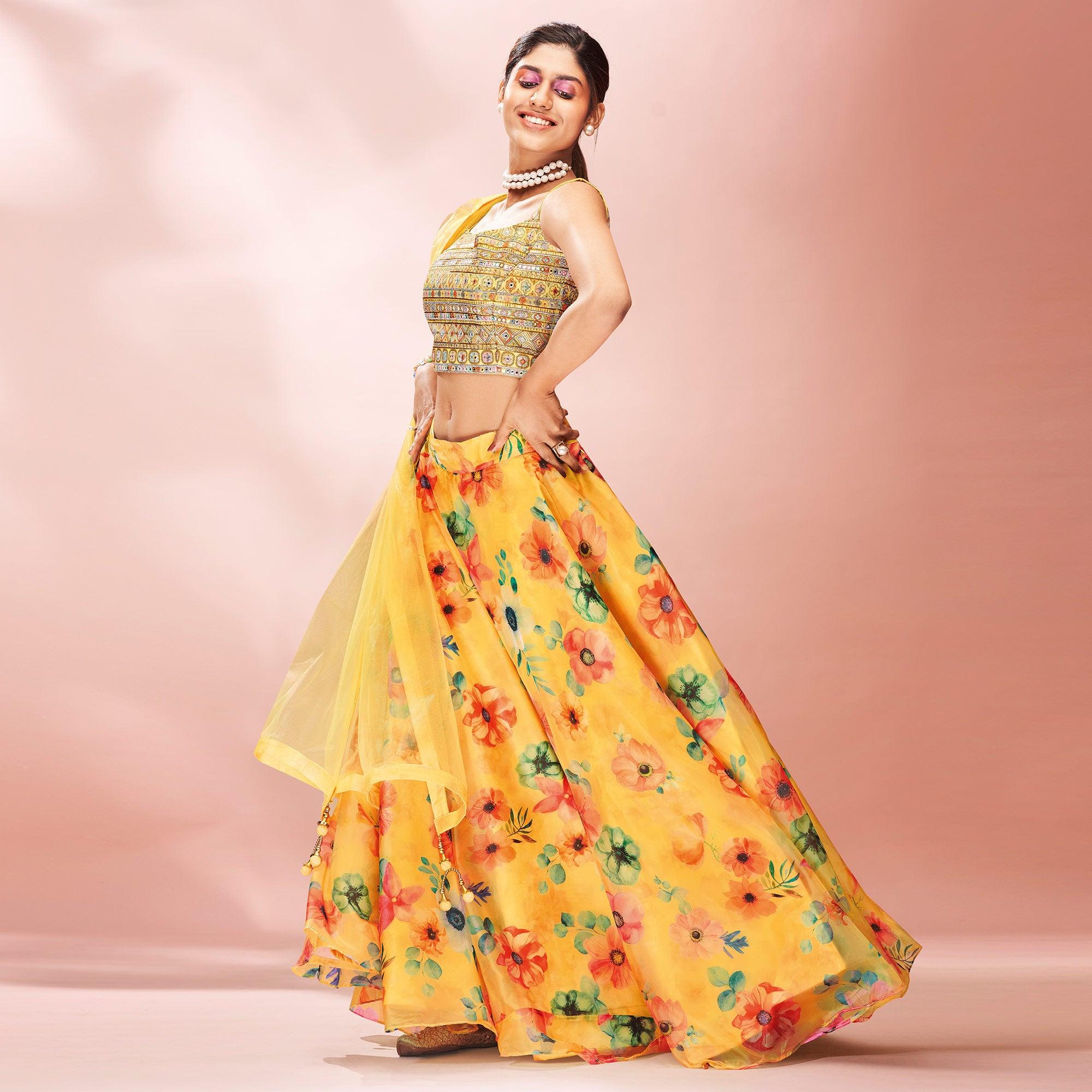 Yellow Embellished With Printed Organza Lehenga Choli - Peachmode