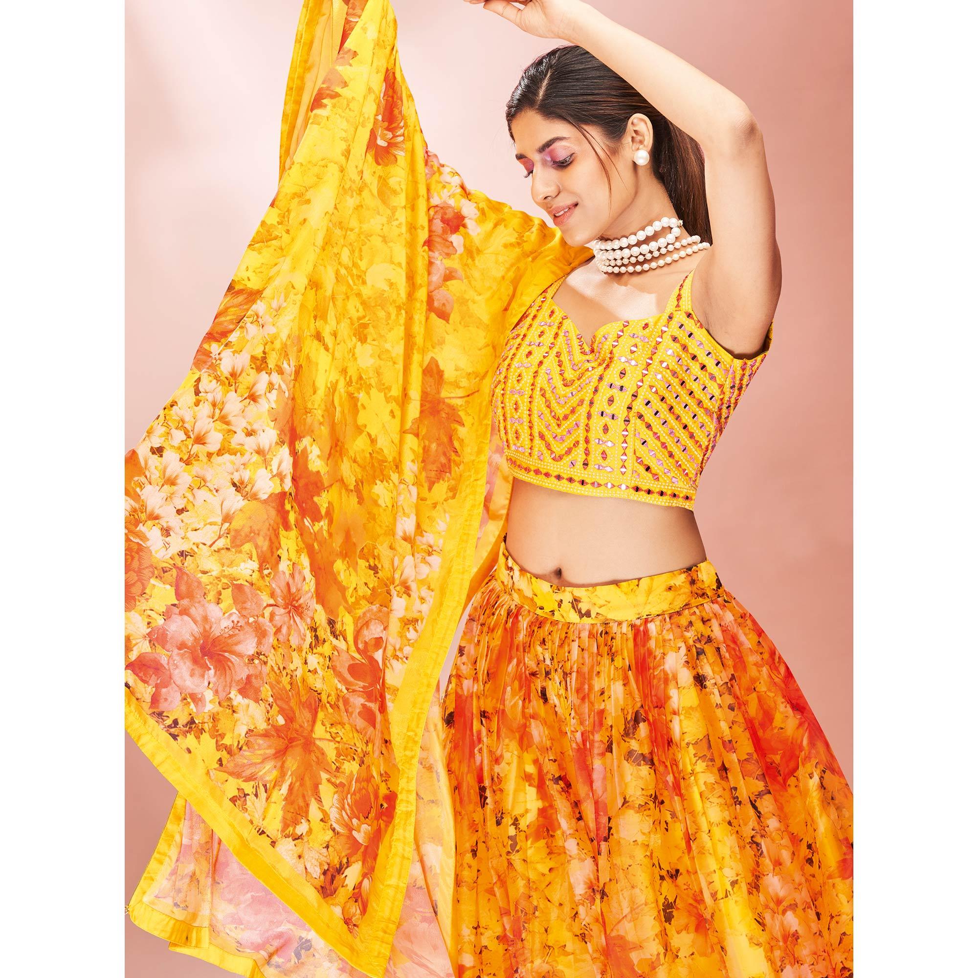 Yellow Embellished With Printed Organza Lehenga Choli - Peachmode