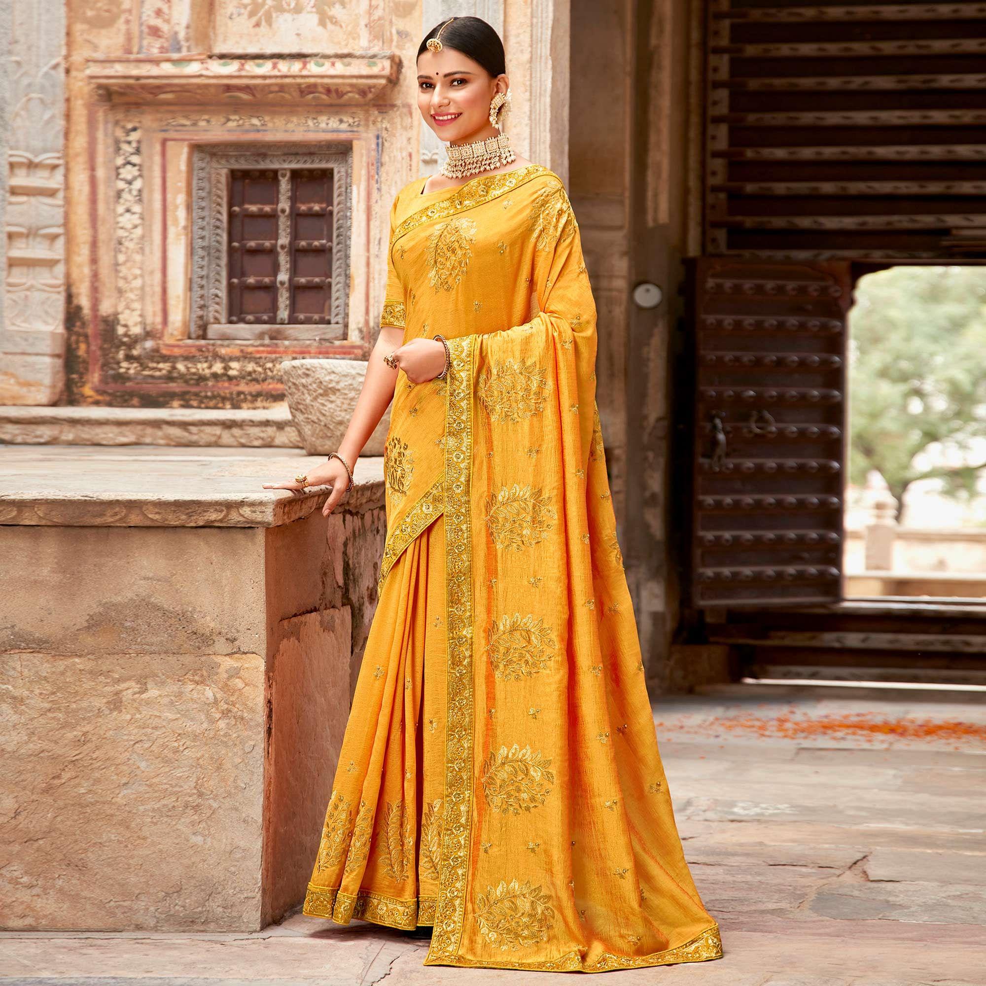 Yellow Embellished With Woven Vichitra Silk Saree - Peachmode