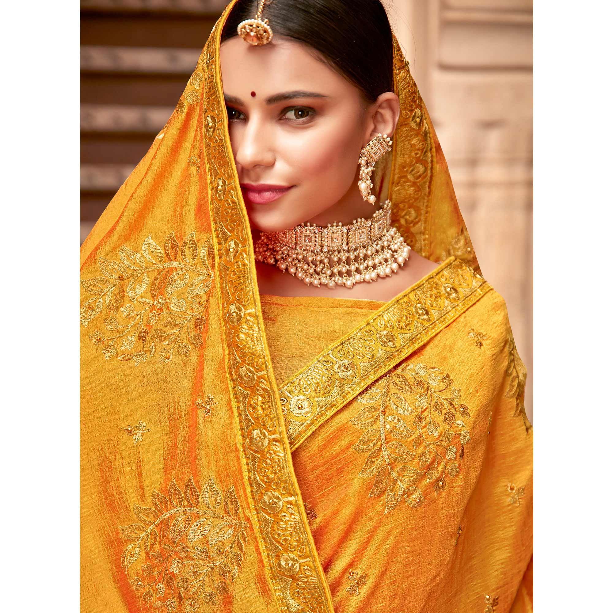 Yellow Embellished With Woven Vichitra Silk Saree - Peachmode
