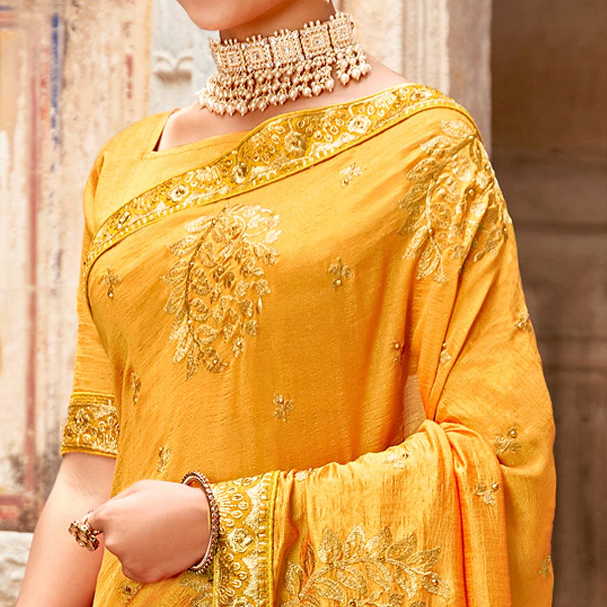 Yellow Embellished With Woven Vichitra Silk Saree - Peachmode