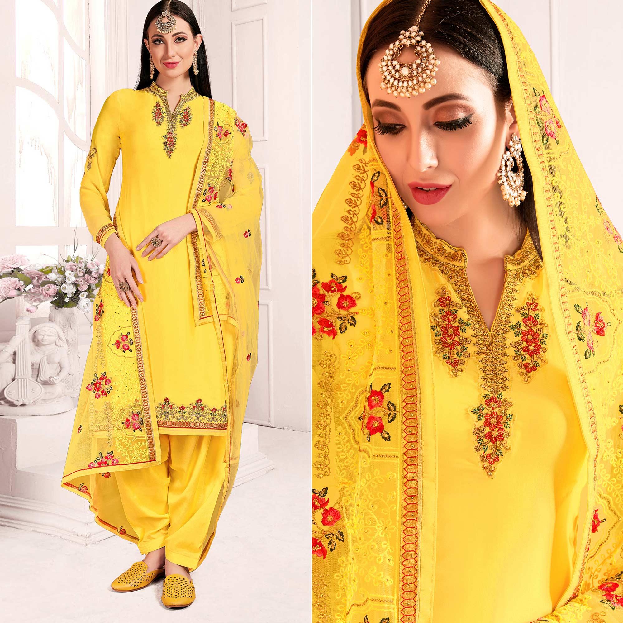 Yellow Embroidered & Embellished Satin Partywear Suit - Peachmode