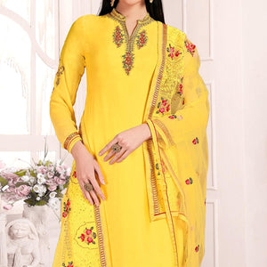 Yellow Embroidered & Embellished Satin Partywear Suit - Peachmode