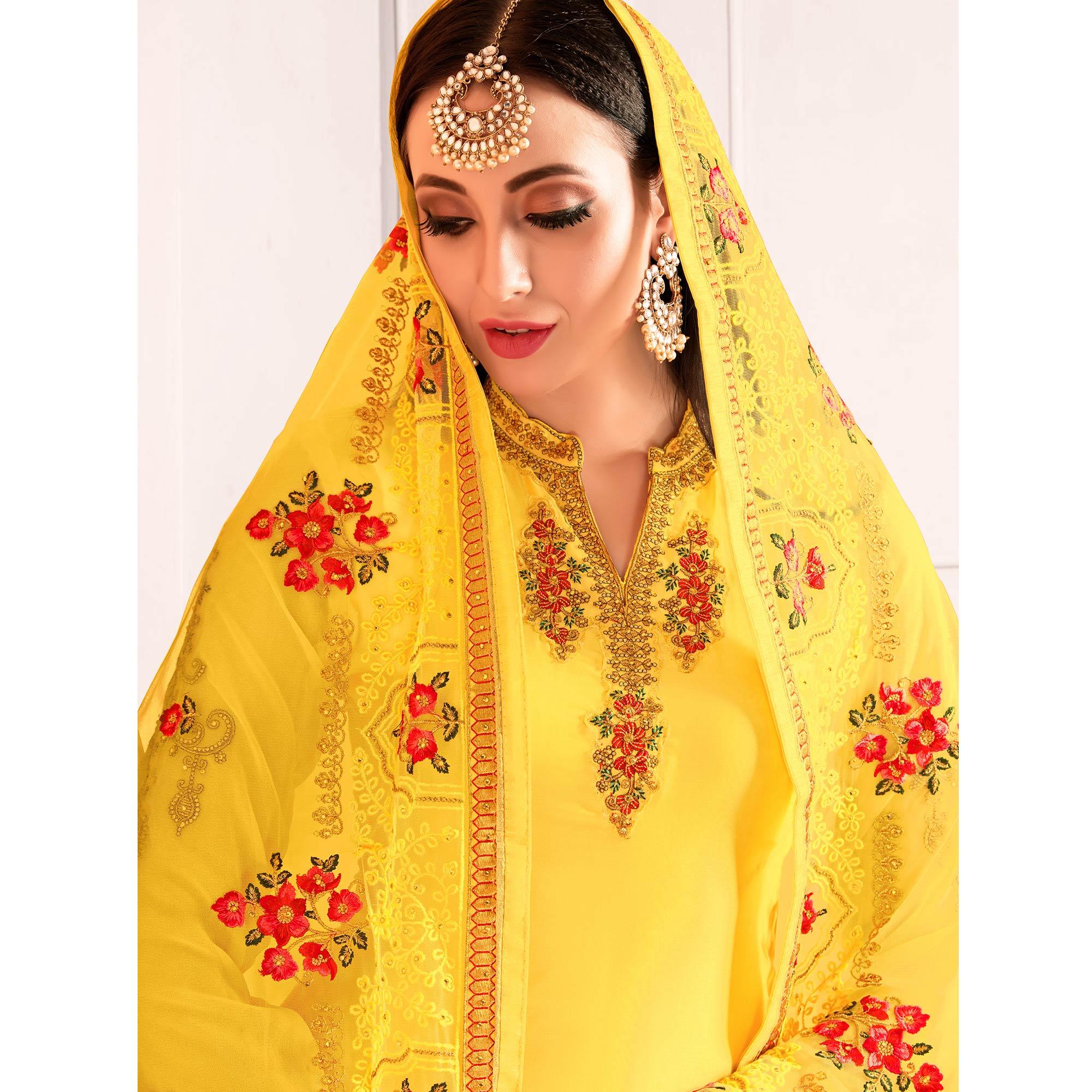 Yellow Embroidered & Embellished Satin Partywear Suit - Peachmode