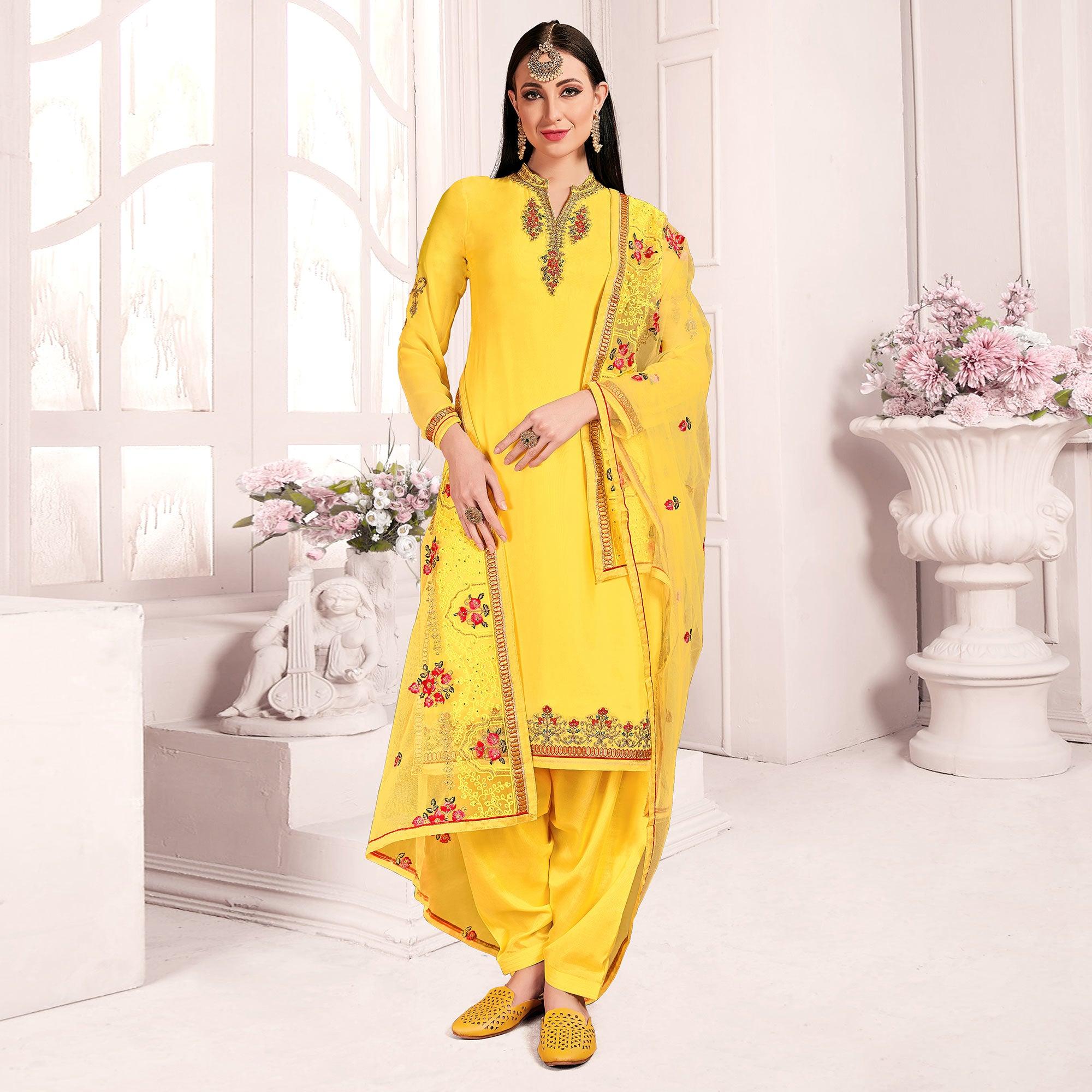 Yellow Embroidered & Embellished Satin Partywear Suit - Peachmode