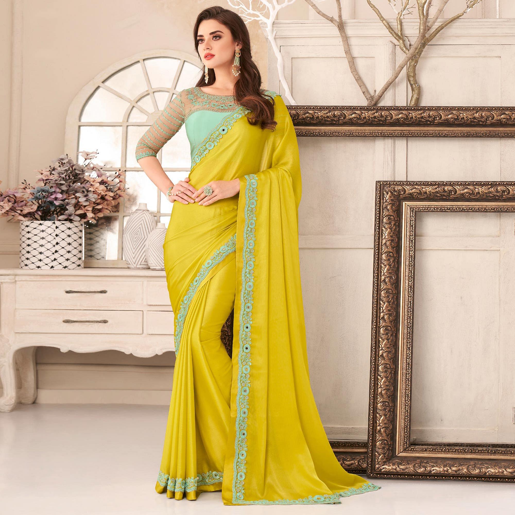 Yellow Embroidered & Embellished Satin Saree - Peachmode