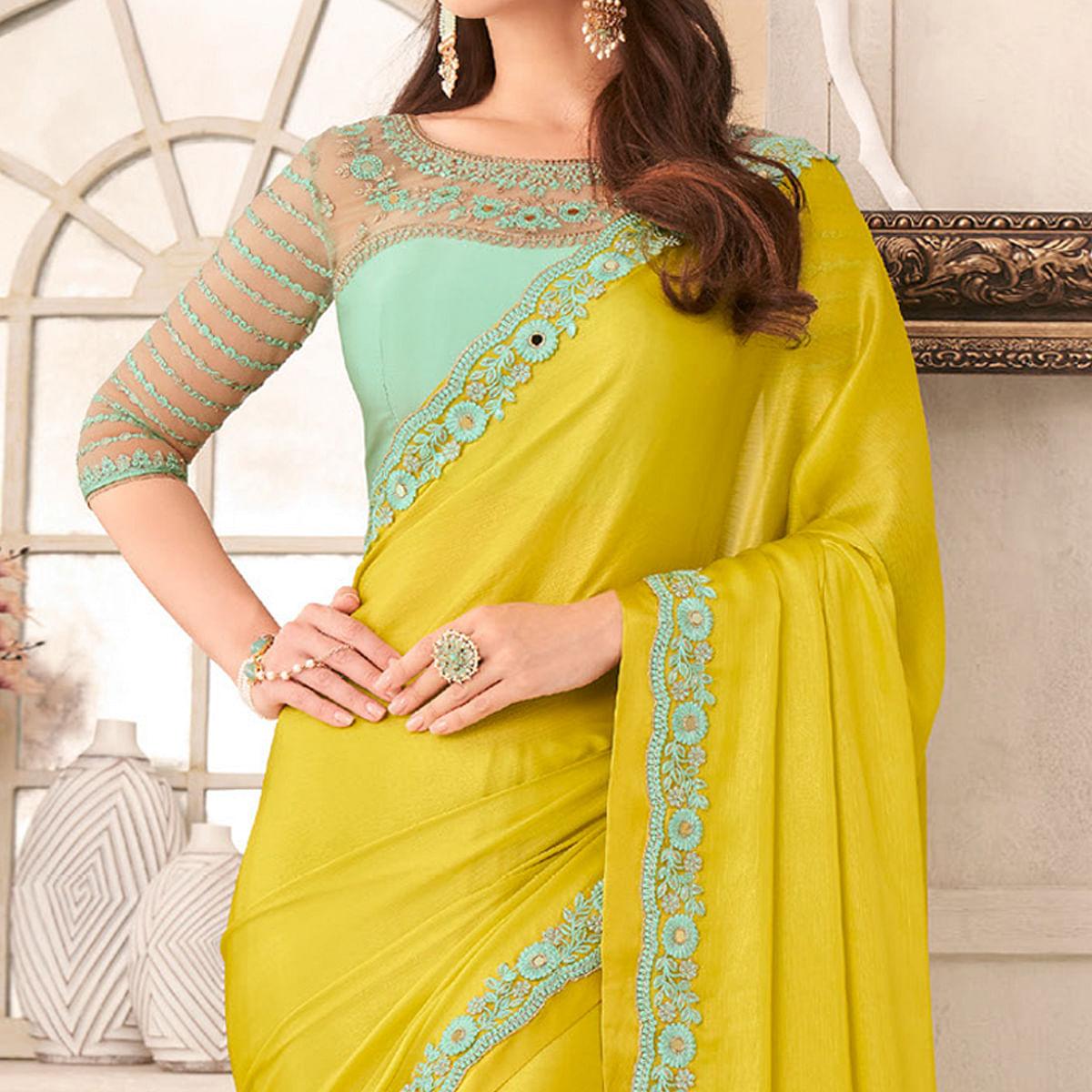 Yellow Embroidered & Embellished Satin Saree - Peachmode