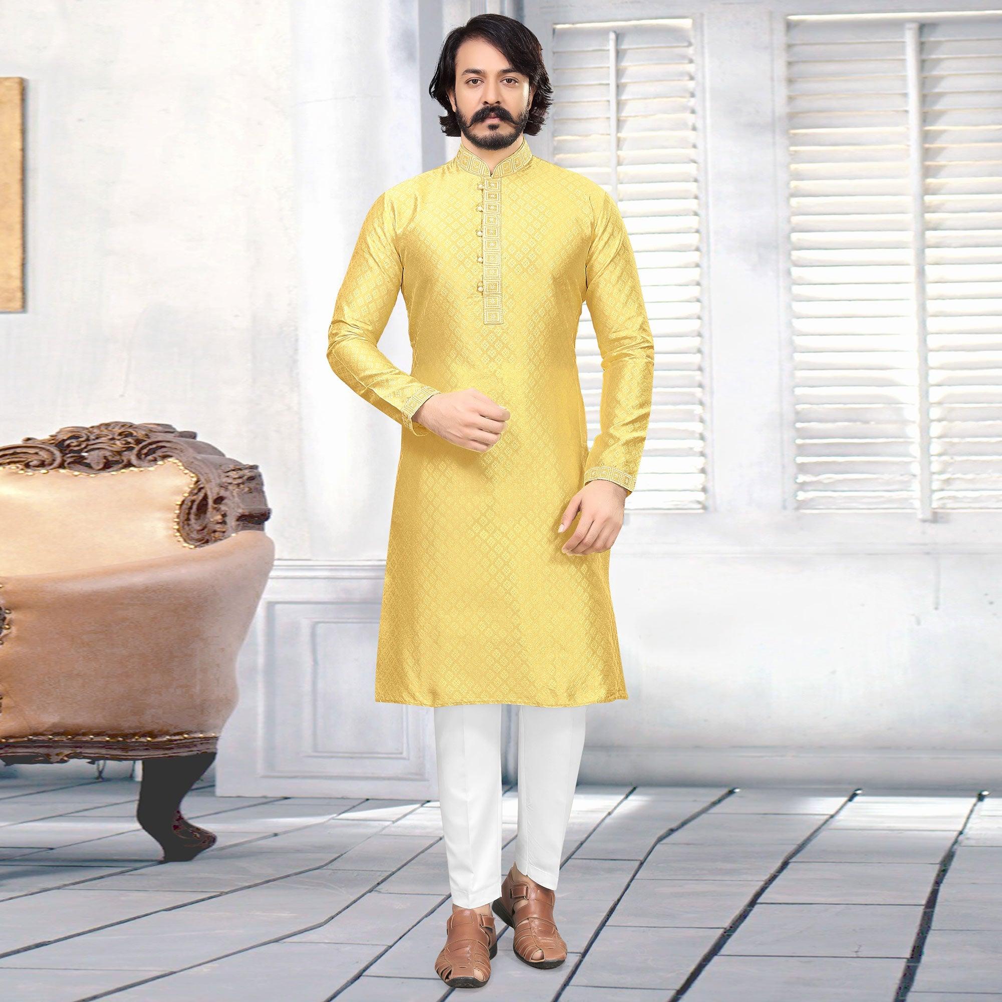 Yellow Embroidered Art Silk Mens's Kurta Pyjama Set - Peachmode