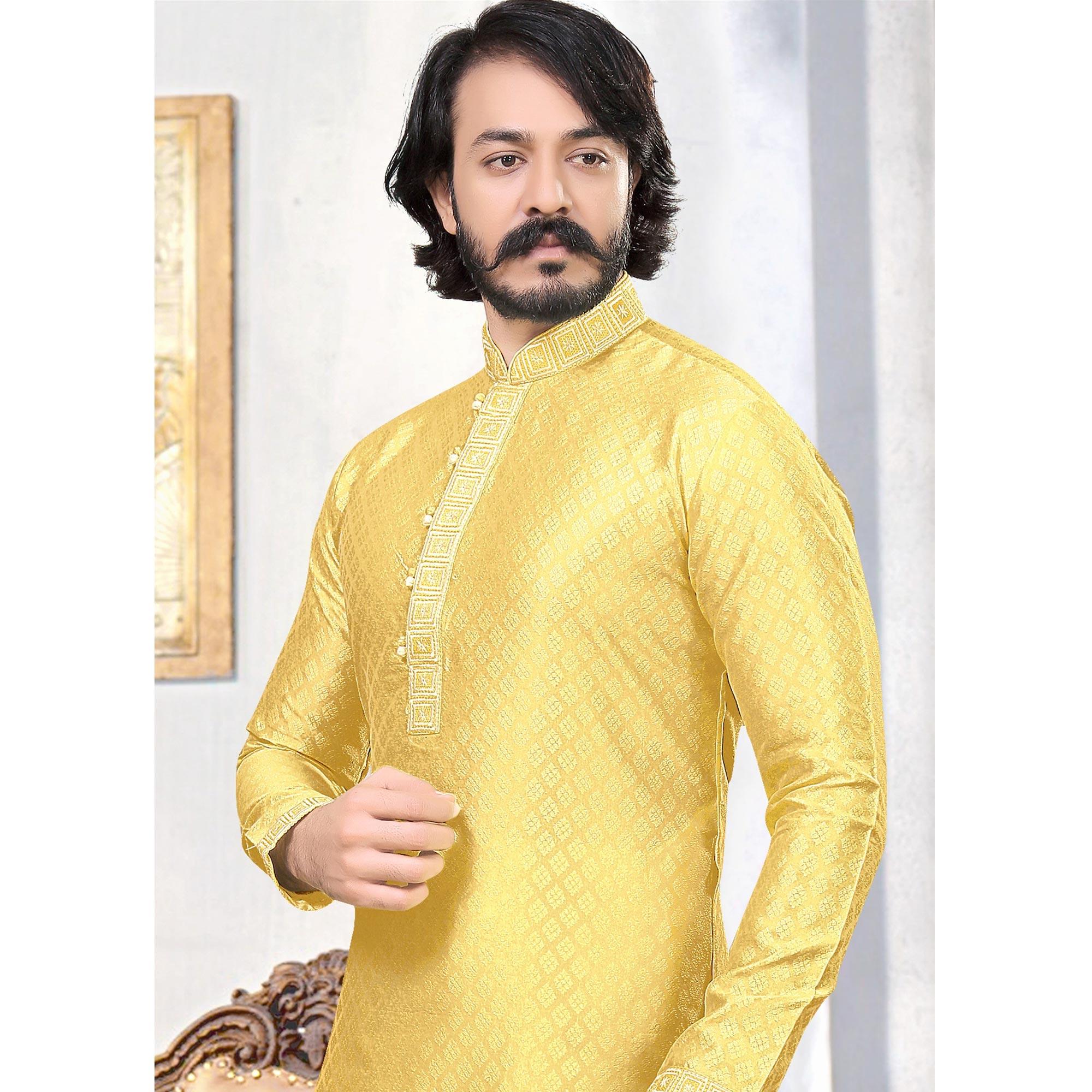 Yellow Embroidered Art Silk Mens's Kurta Pyjama Set - Peachmode