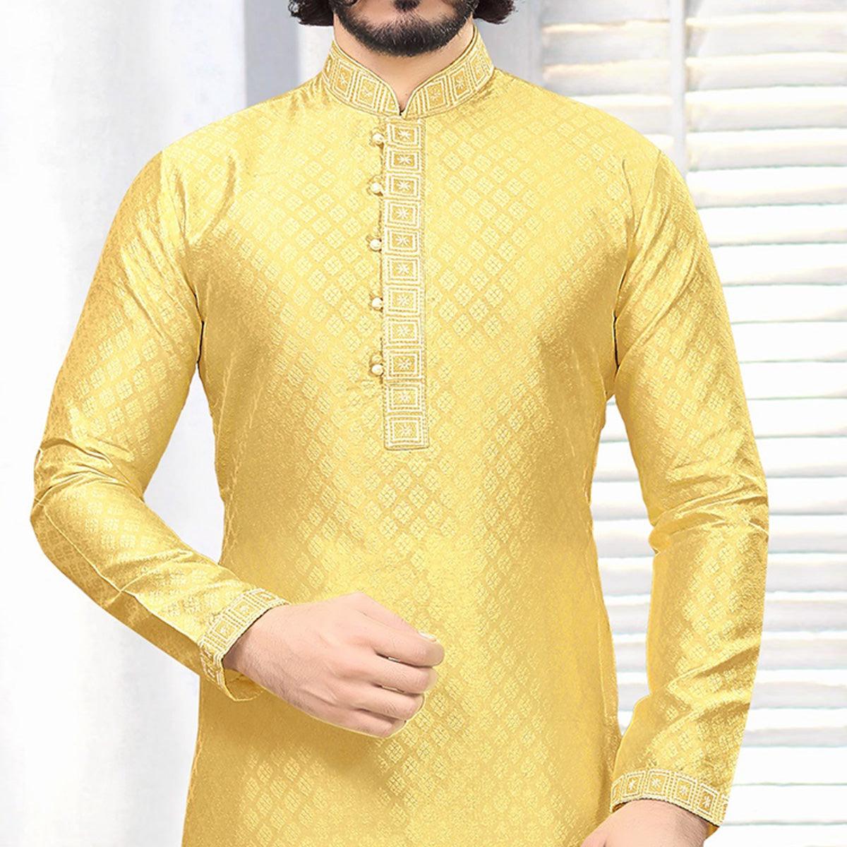 Yellow Embroidered Art Silk Mens's Kurta Pyjama Set - Peachmode