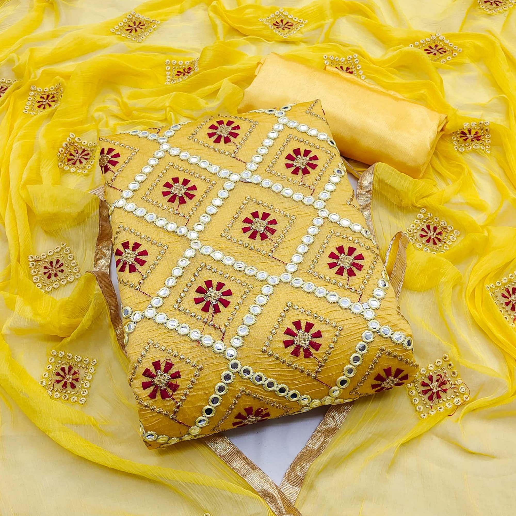 Yellow Embroidered Chanderi Dress Material - Peachmode