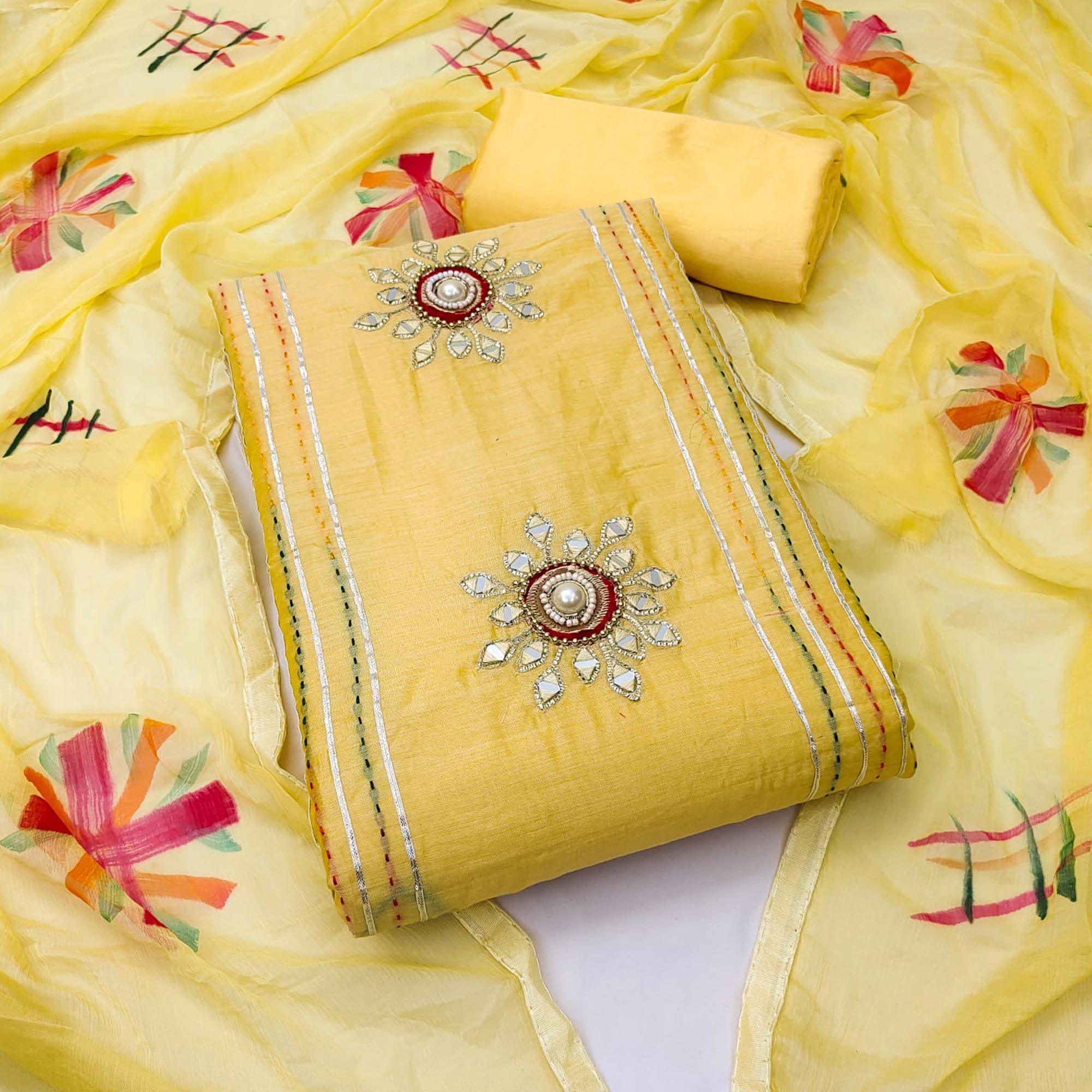 Yellow Embroidered Chanderi Dress Material - Peachmode