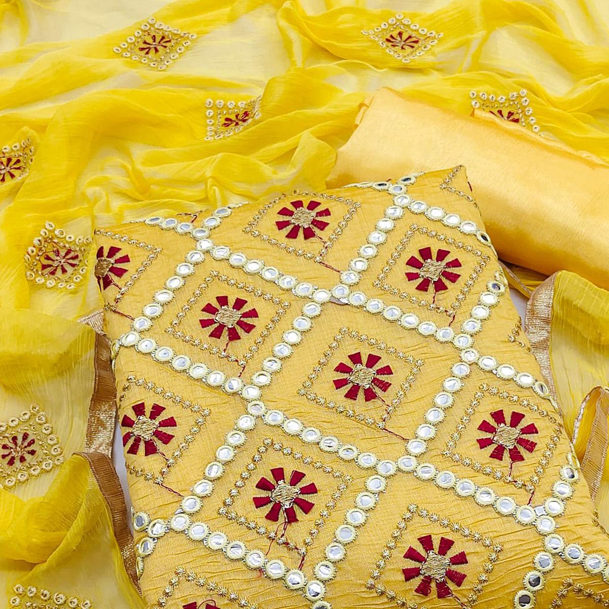 Yellow Embroidered Chanderi Dress Material - Peachmode