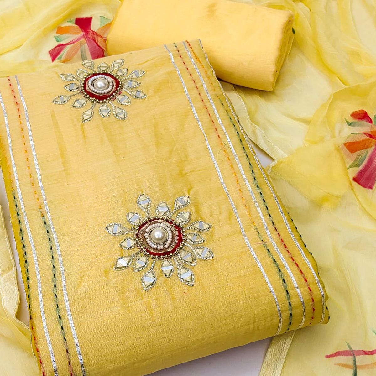 Yellow Embroidered Chanderi Dress Material - Peachmode