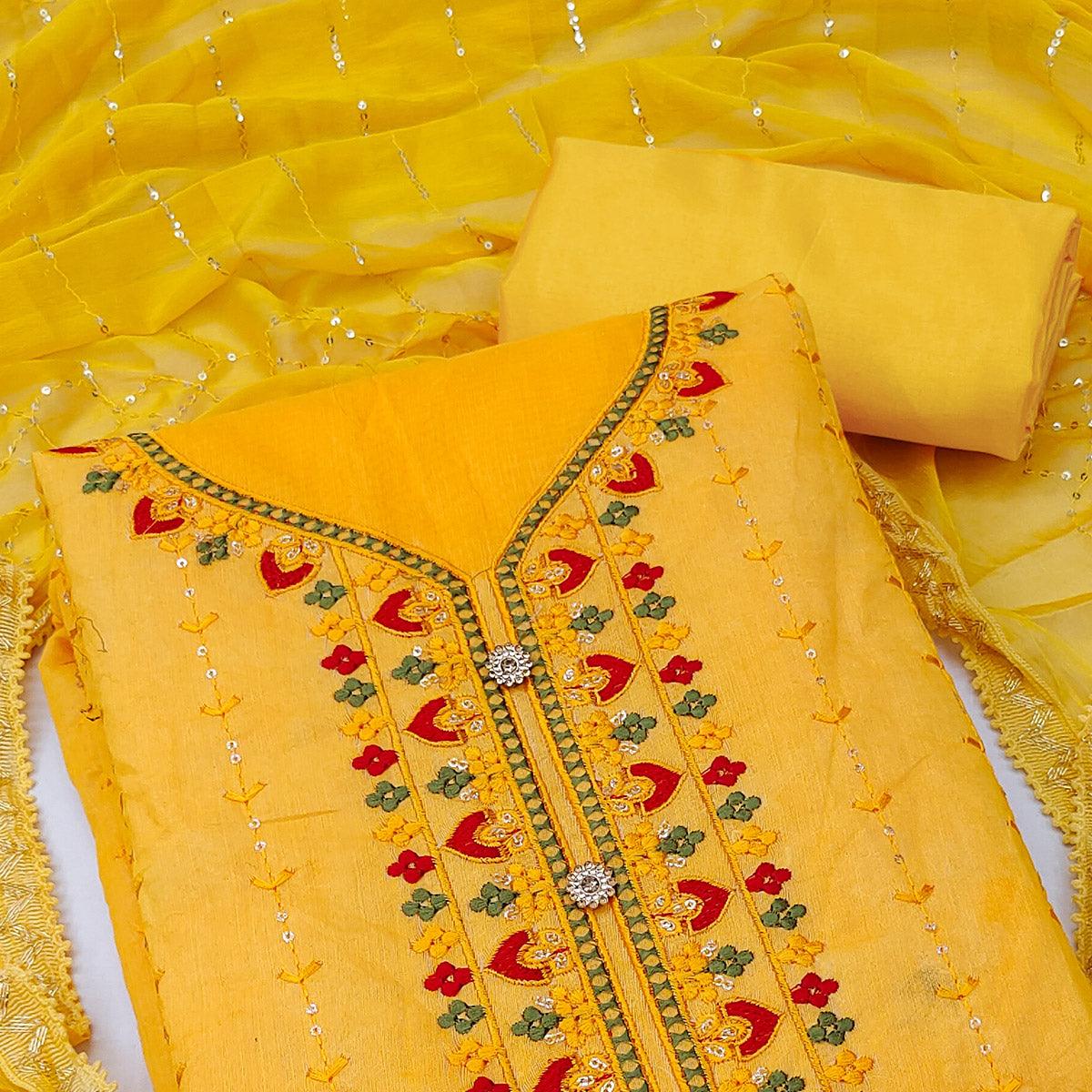 Yellow Embroidered Chanderi Dress Material - Peachmode
