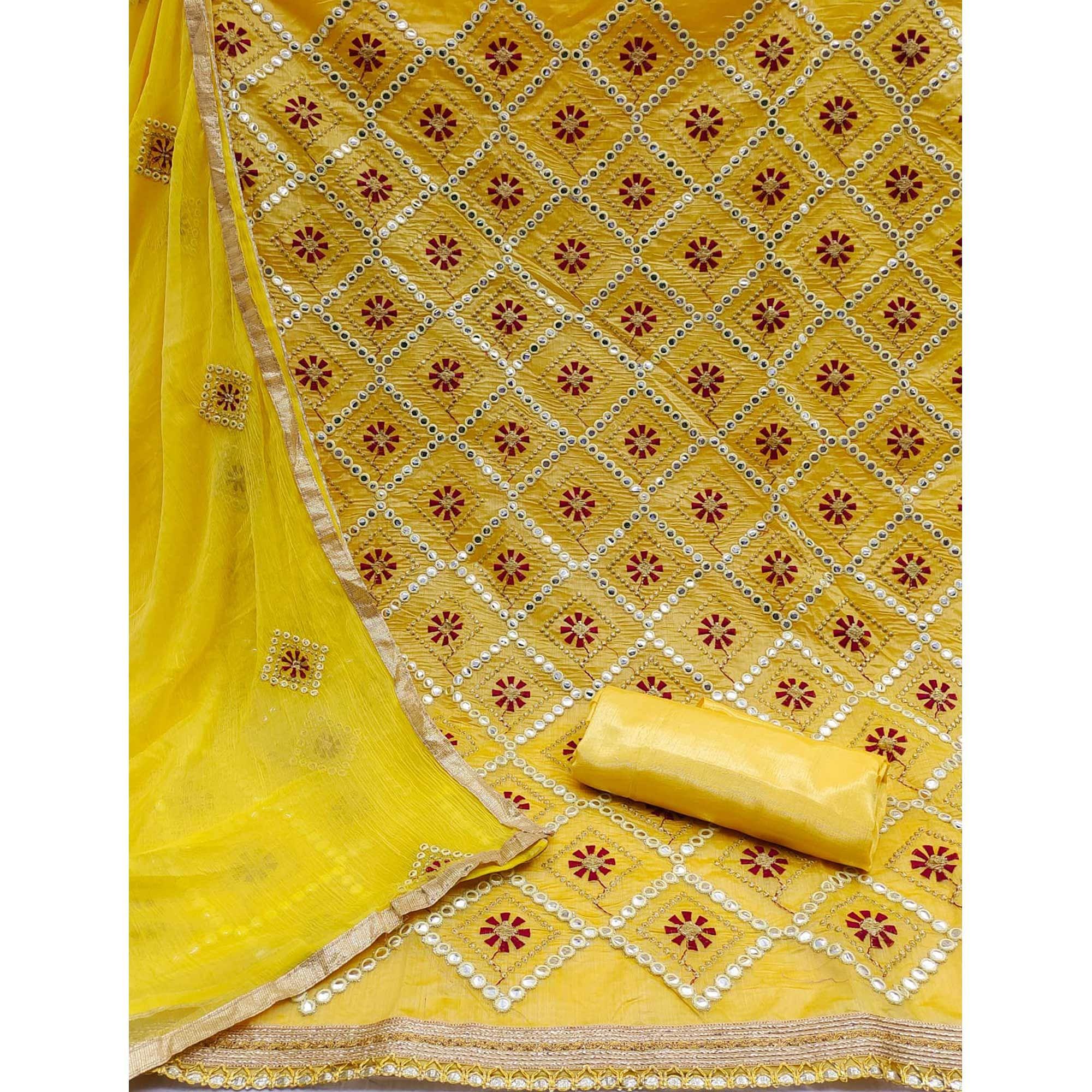 Yellow Embroidered Chanderi Dress Material - Peachmode