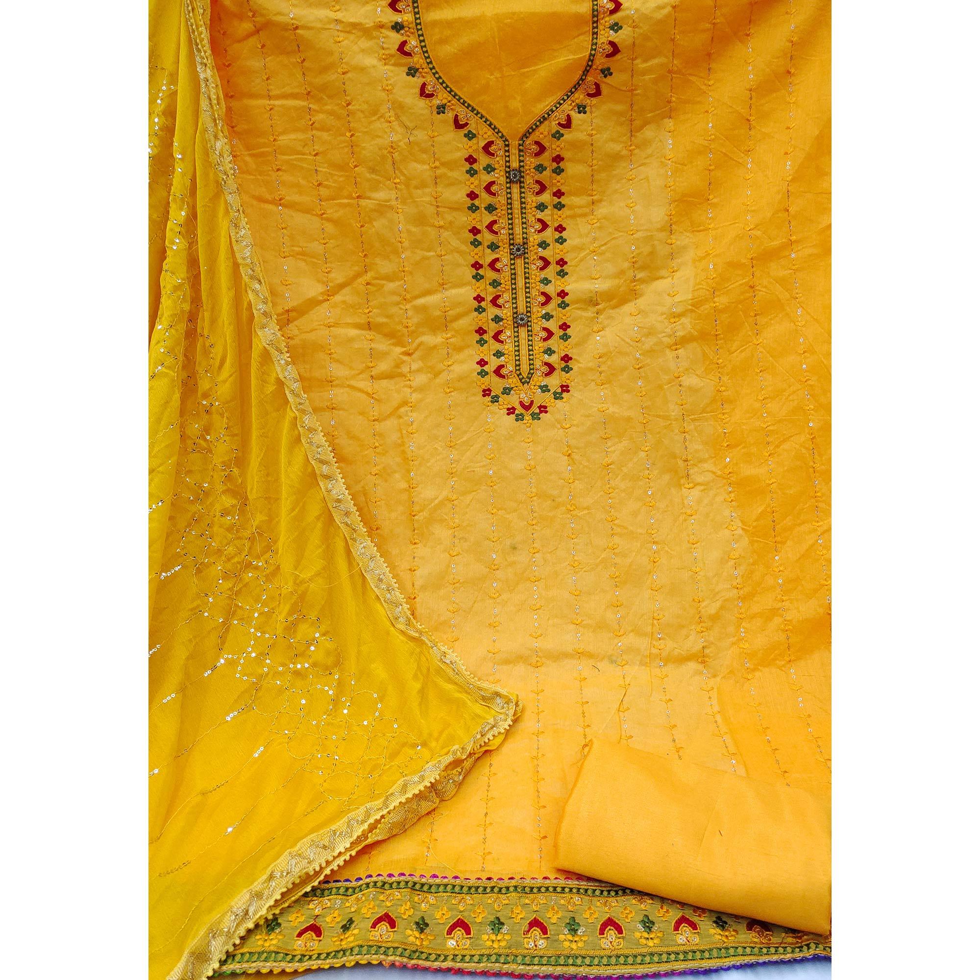 Yellow Embroidered Chanderi Dress Material - Peachmode