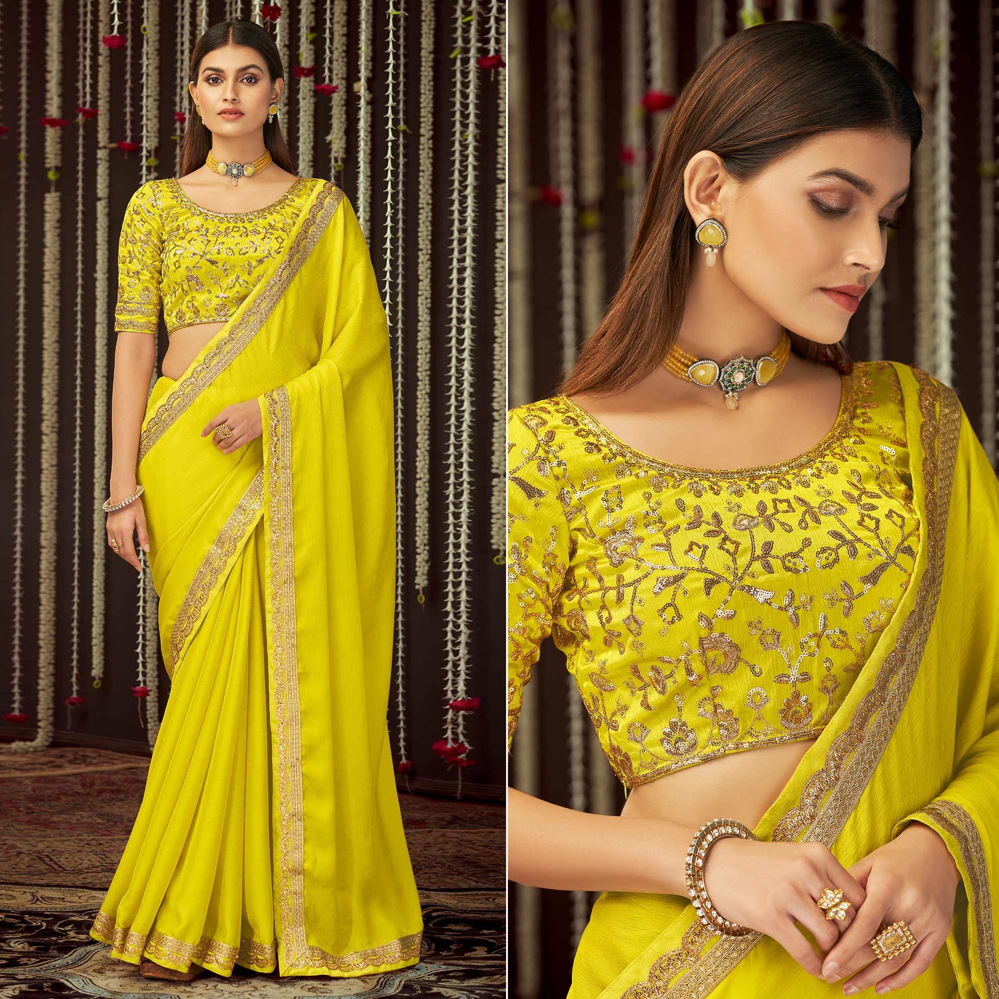 Yellow Embroidered Chiffon Saree - Peachmode