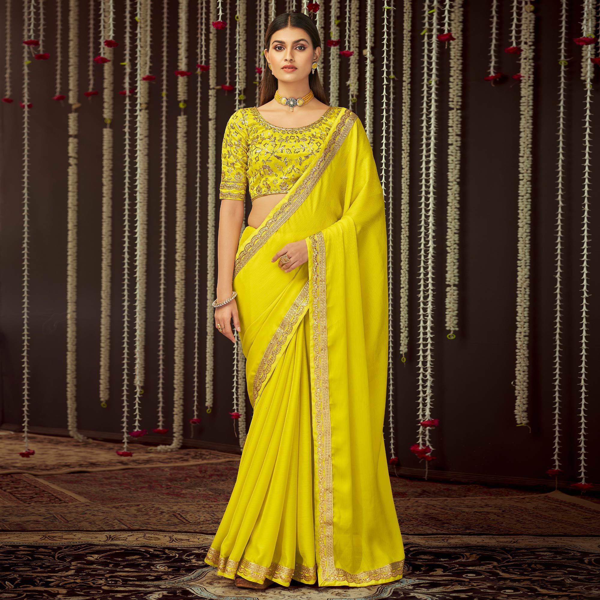 Yellow Embroidered Chiffon Saree - Peachmode