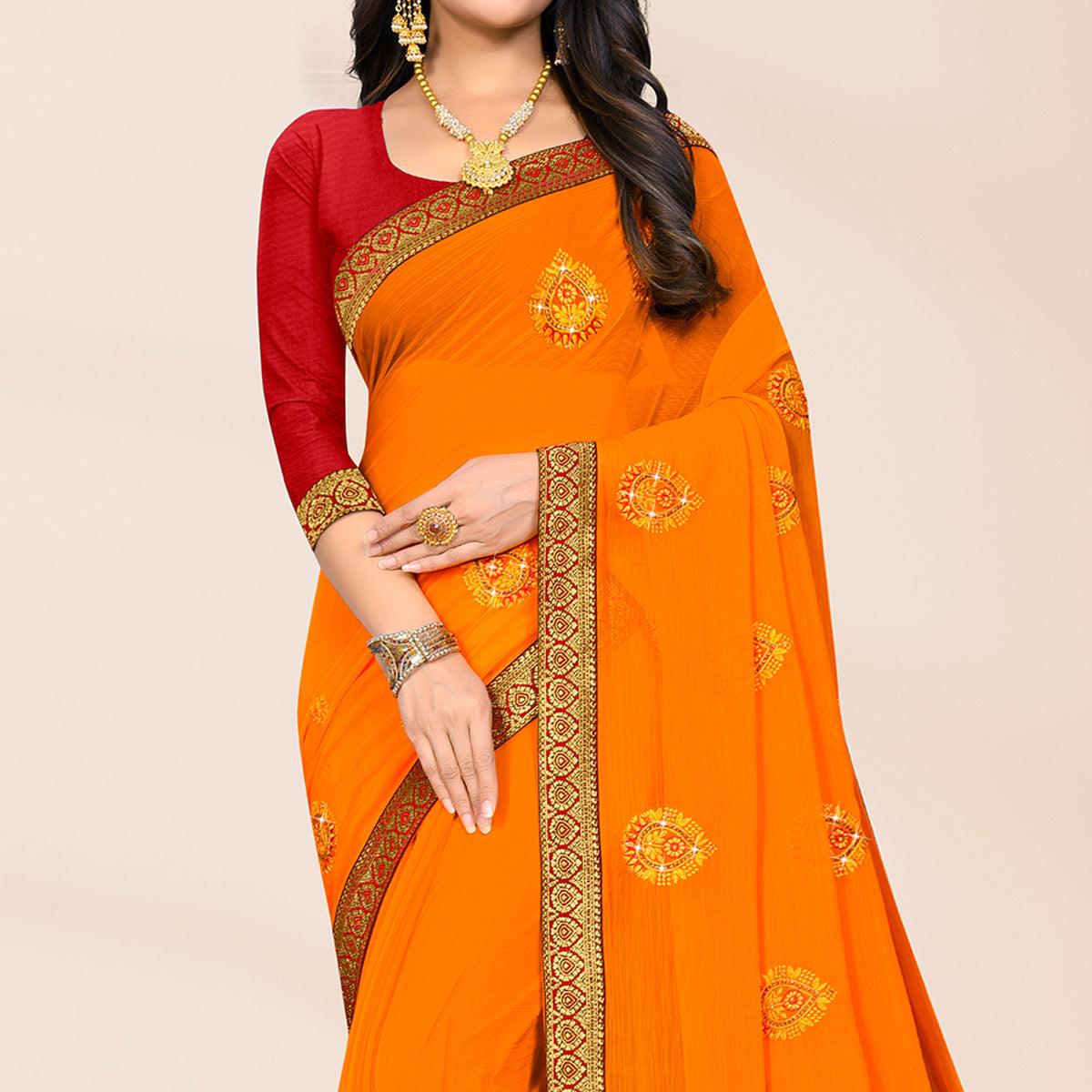Yellow Embroidered Chiffon Saree - Peachmode