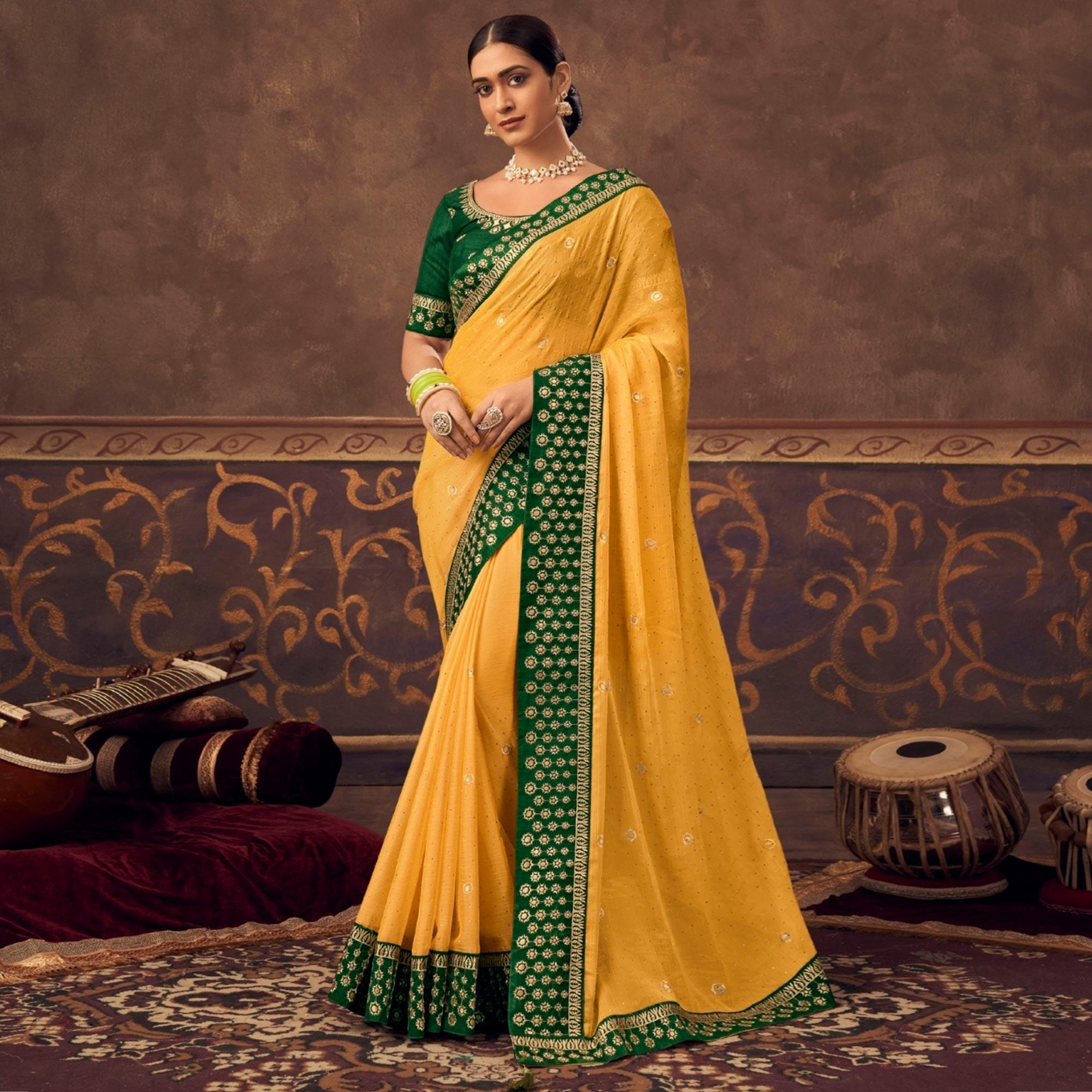 Yellow Embroidered Chiffon Saree - Peachmode