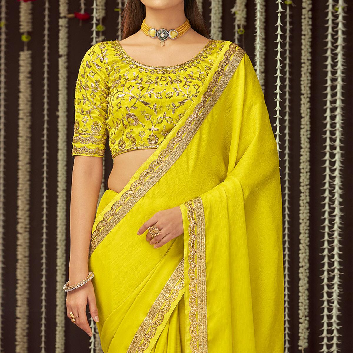 Yellow Embroidered Chiffon Saree - Peachmode