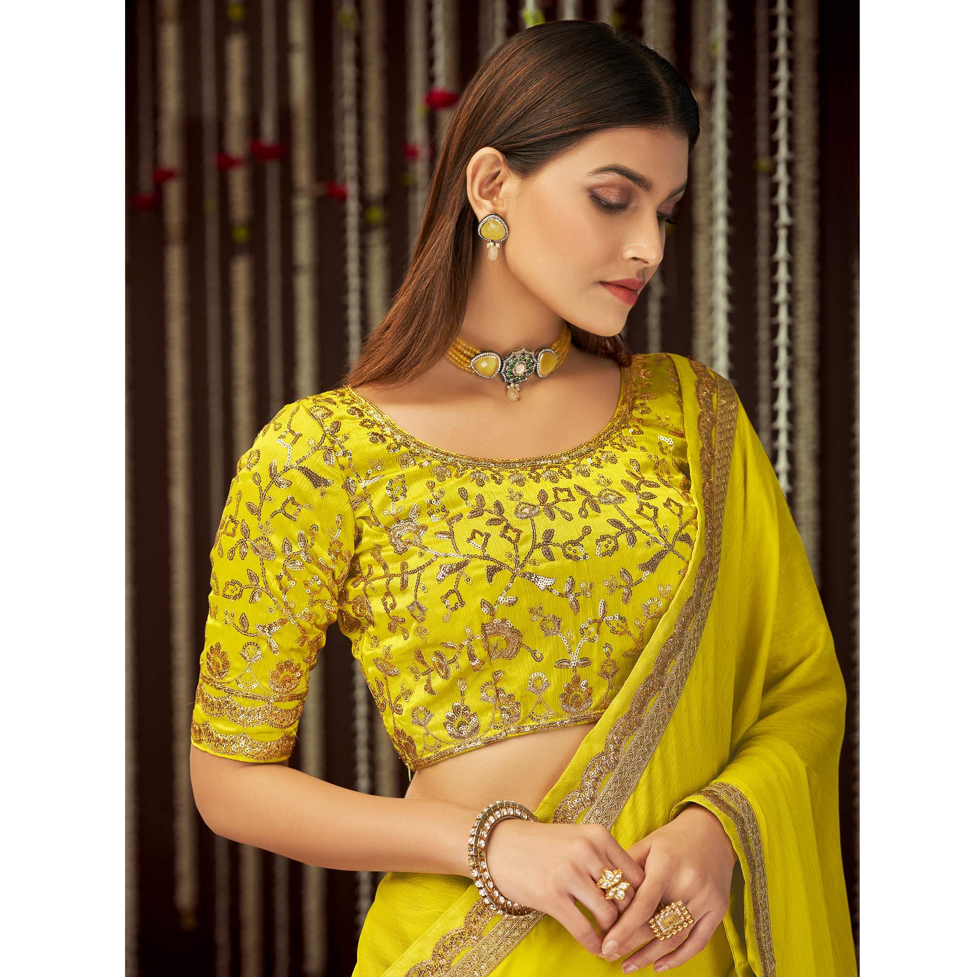 Yellow Embroidered Chiffon Saree - Peachmode