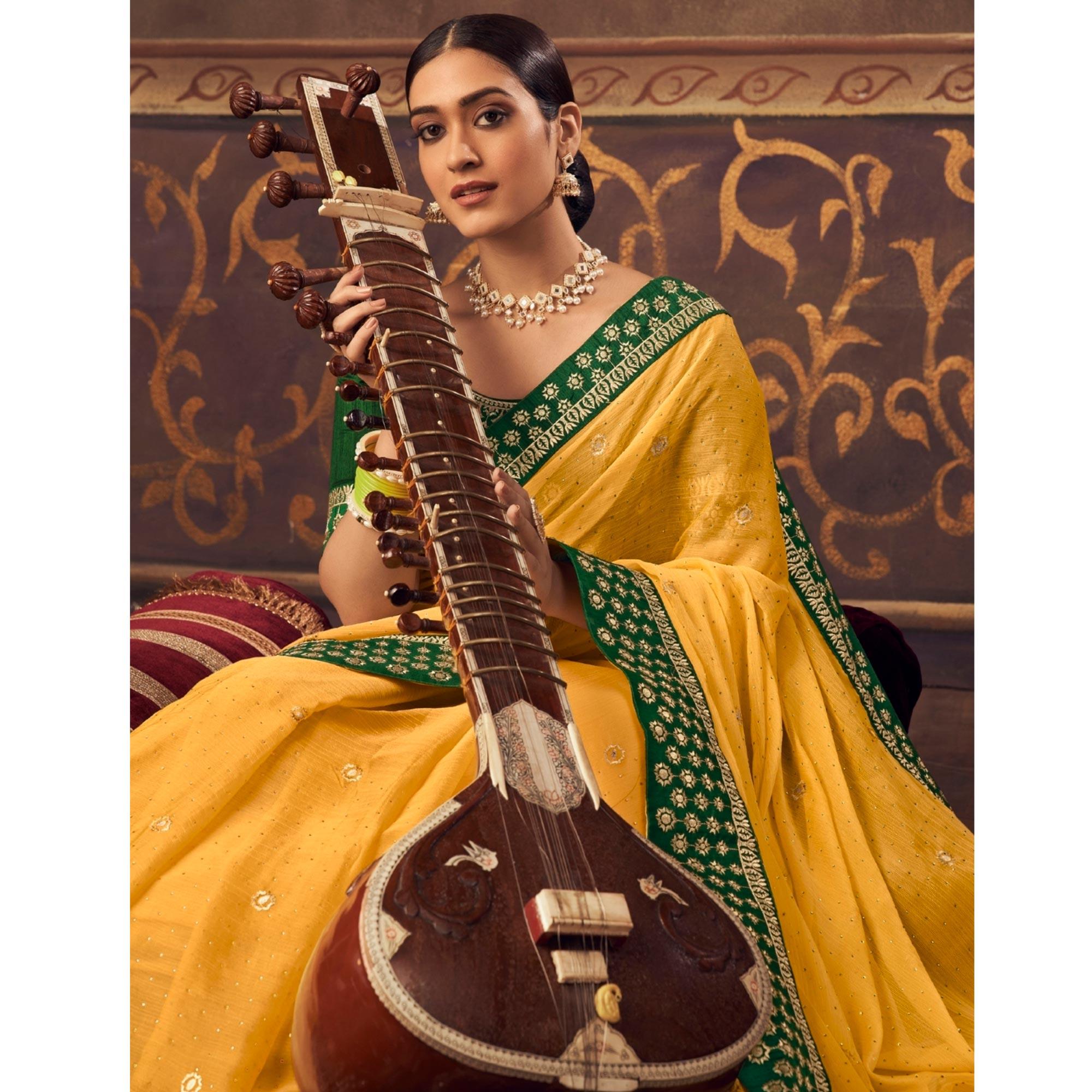 Yellow Embroidered Chiffon Saree - Peachmode