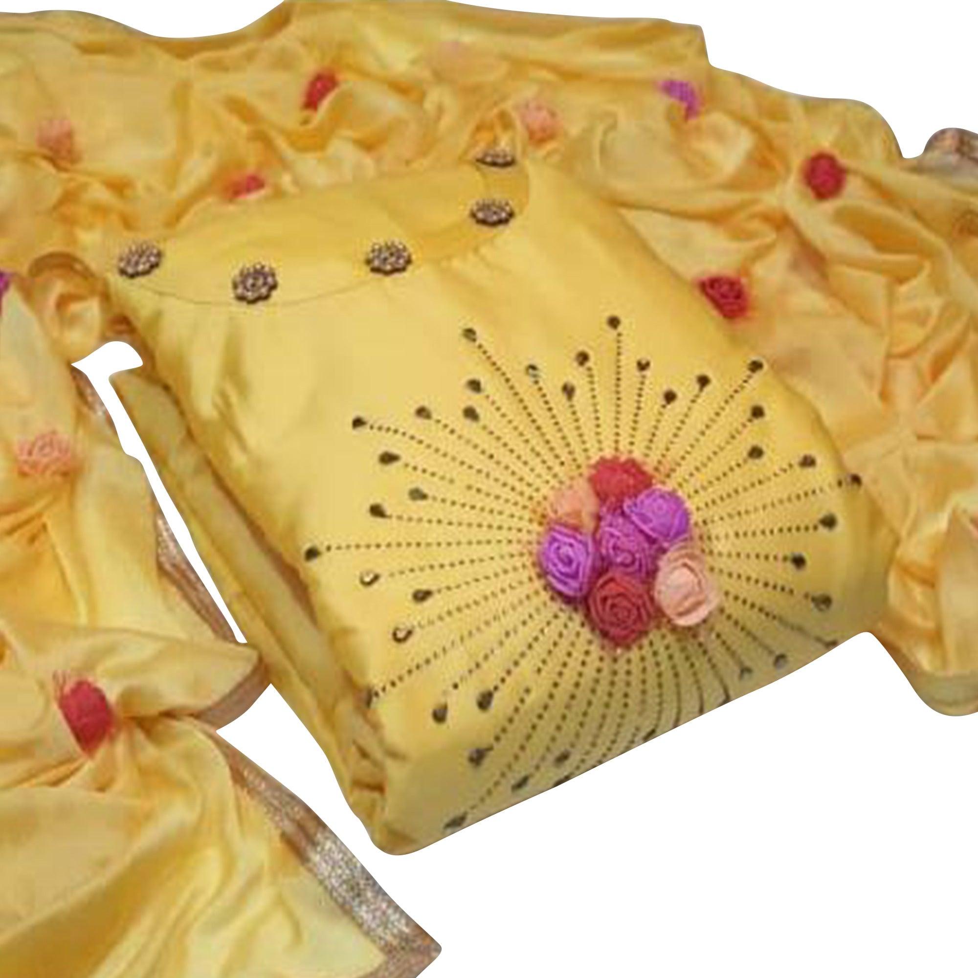 Yellow Embroidered Cotton Blend Dress Material - Peachmode