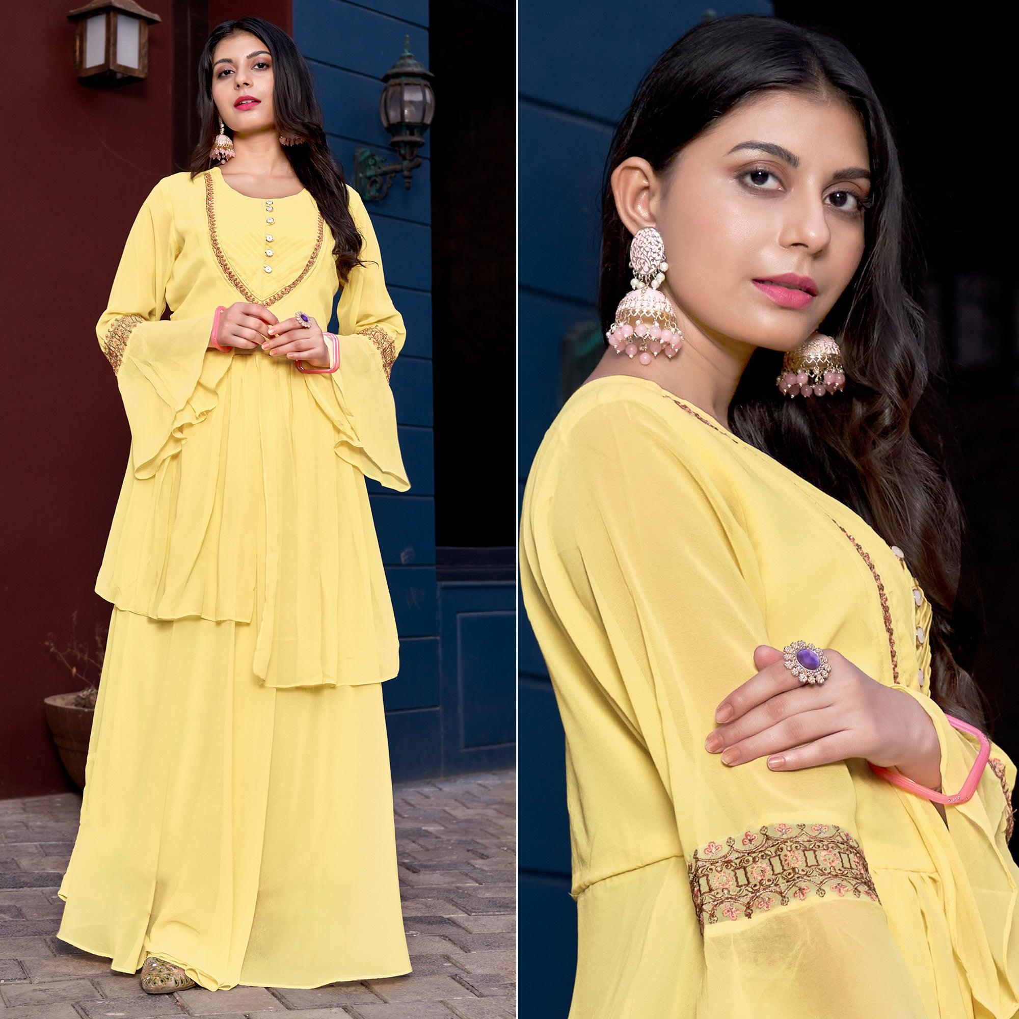 Yellow Embroidered Crepe Gown - Peachmode