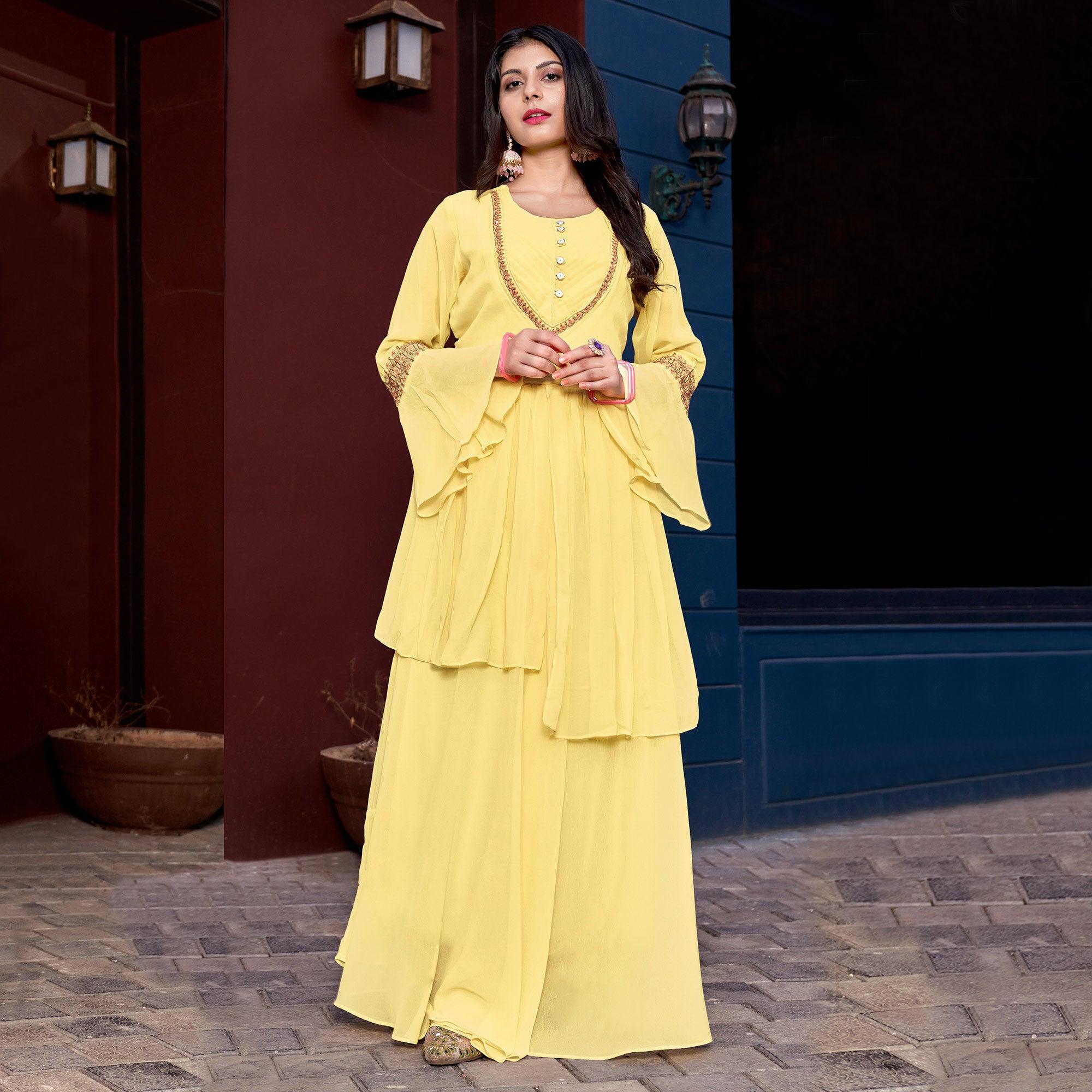 Yellow Embroidered Crepe Gown - Peachmode