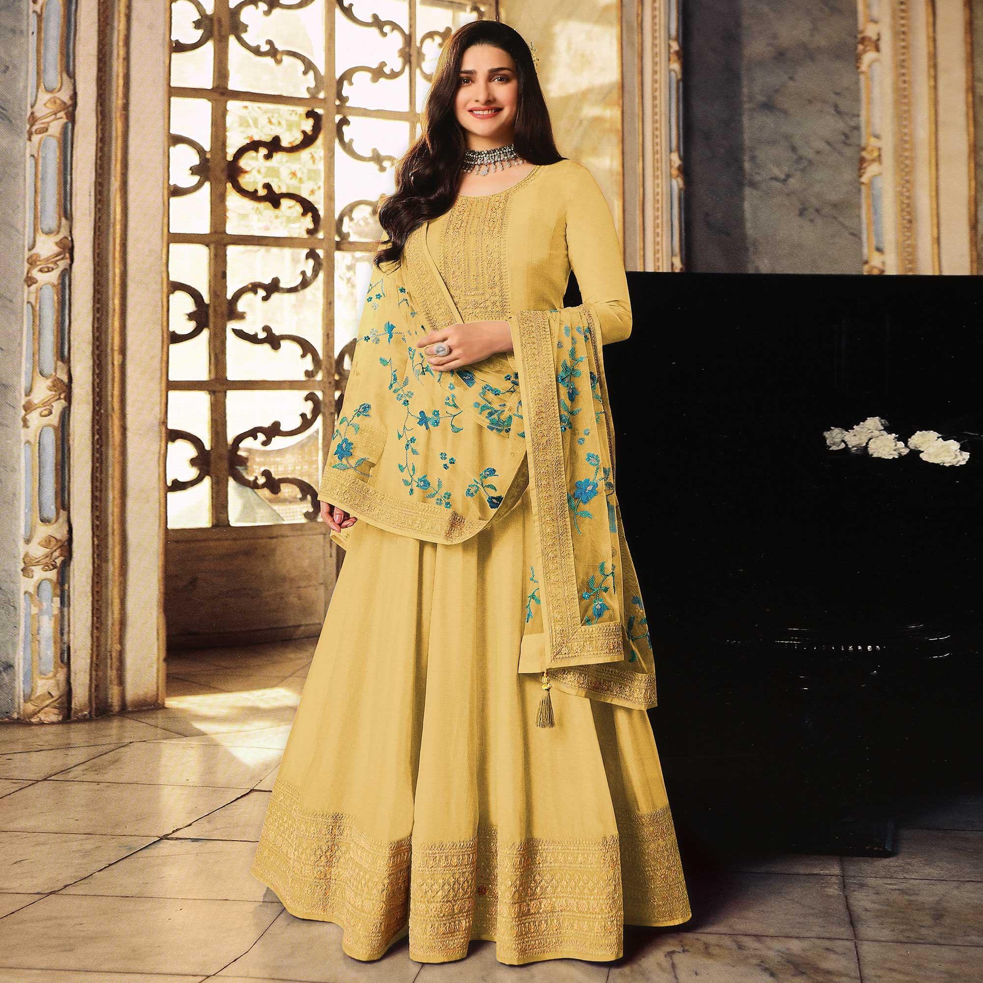 Yellow Embroidered Dola Silk Anarkali Suit - Peachmode
